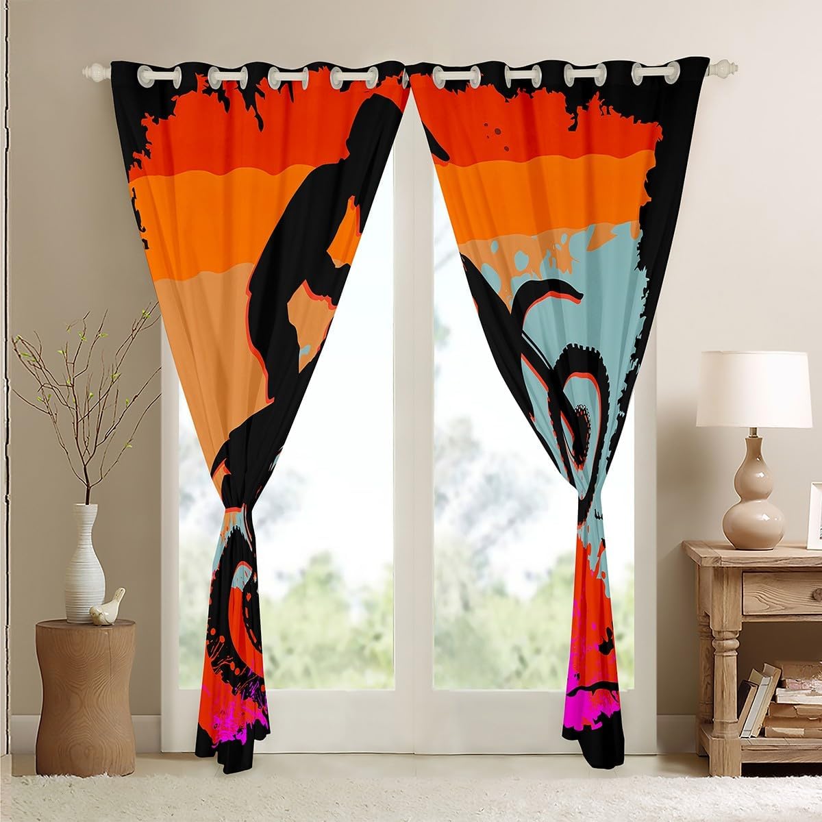 Feelyou Dirt Bike Curtains for Boys Bedroom Teens Kids Watercolor Motorcycle Racer Silhouettes Curtain Extreme Sports Motocross Window Treatment Drapes 38W x 54L Inch 2 Panels Orange