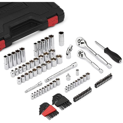 EMENTOL 94PCS 1/4" and 3/8" Drive Master Socket Set, CR-V, SAE/Metric Mechanic Tool Set with Ratchet, Bits, Extension Bars, Universal Joint, Adapter, Hex Keys