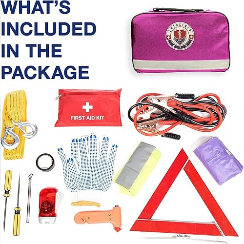Miniatura 10 de Kit de emergencia para automóvil de asistencia en carretera, kit de primeros auxilios, cables de puente, correa de remolque, luz de flash LED, capa