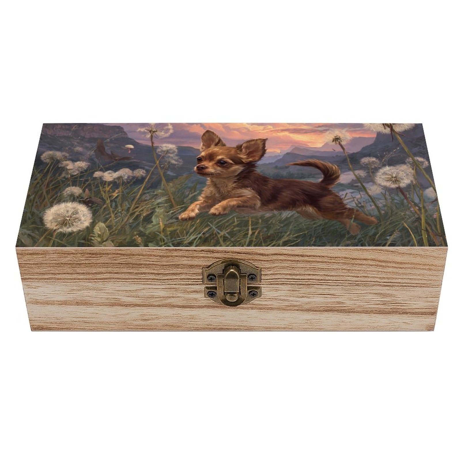 HLBSDM Chihuahua Dandelions Mountains Wooden Storage Box Craft Memory Keepsake Treasure Chest Box Jewelry Organizer