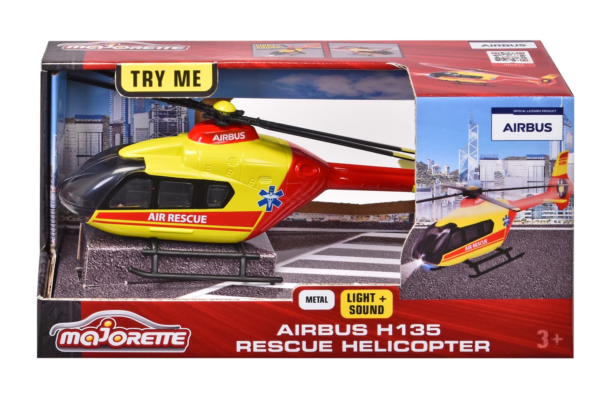 Majorette - Rettungs-Helikopter Airbus H135 (rot/gelb, 25,5 cm) - großer Spielzeug-Hubschrauber mit Metall-Rumpf, Drehpropeller, Licht & Sound, für Kinder ab 3 Jahre