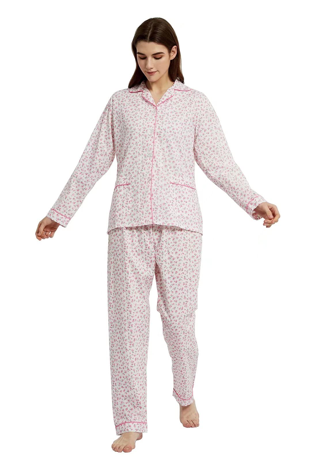 Amaxer Conjunto de pijama para mujer, 100 % algodón, manga larga, suave, con botones, elástico y cordón