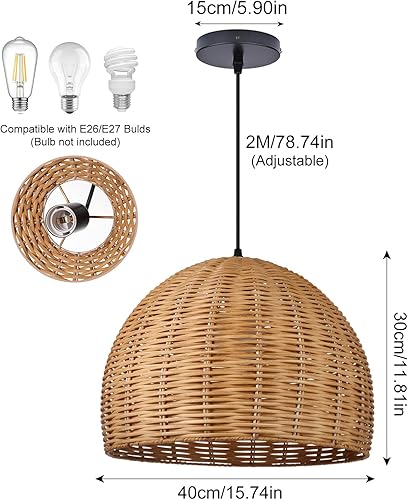 Miniatura 6 de Arturesthome Lámpara colgante de ratán tejida a mano, 1 luz bohemia para colgar en el techo, lámpara costera de granja para isla de cocina, sala de