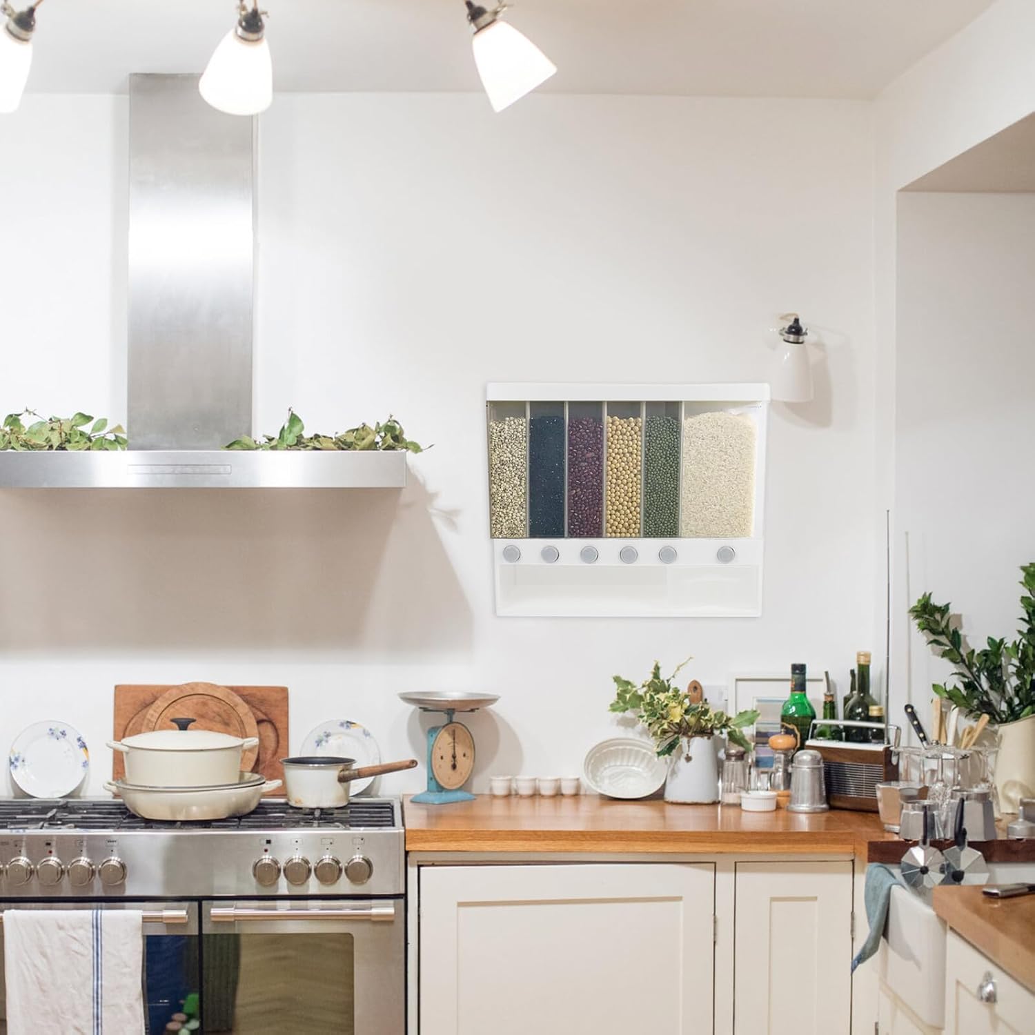 Wall-mounted Rice Dispenser and Cereal Storage Container, Moisture-proof Grain Bin with Pressed Rice Dispensing for Kitchen Pantry Organization