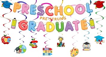Preschool Graduation Decorations, Pre-Strung Preschool Graduate Banner, Congratulations Hanging Swirls, Colorful Congrats Grad Party Supplies