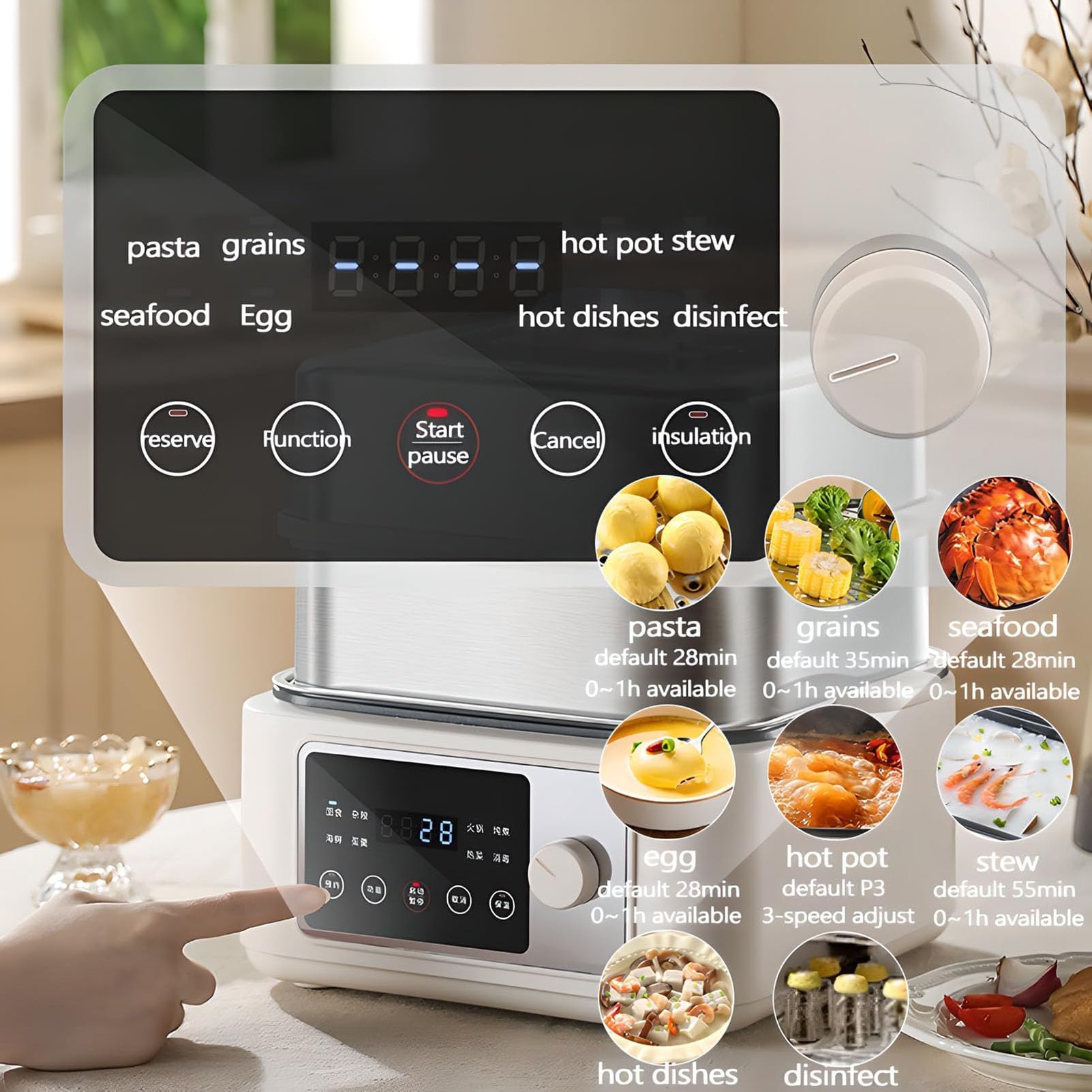 Parowar Elektryczny 1350 W 8/12/16 L Inteligentny Wielofunkcyjny Parowar | Parowar z Panelem Dotykowym LED i 8 Trybami, Timer 24 h, Stal Nierdzewna i Powłoka Nieprzywierająca, do Domu(16L)