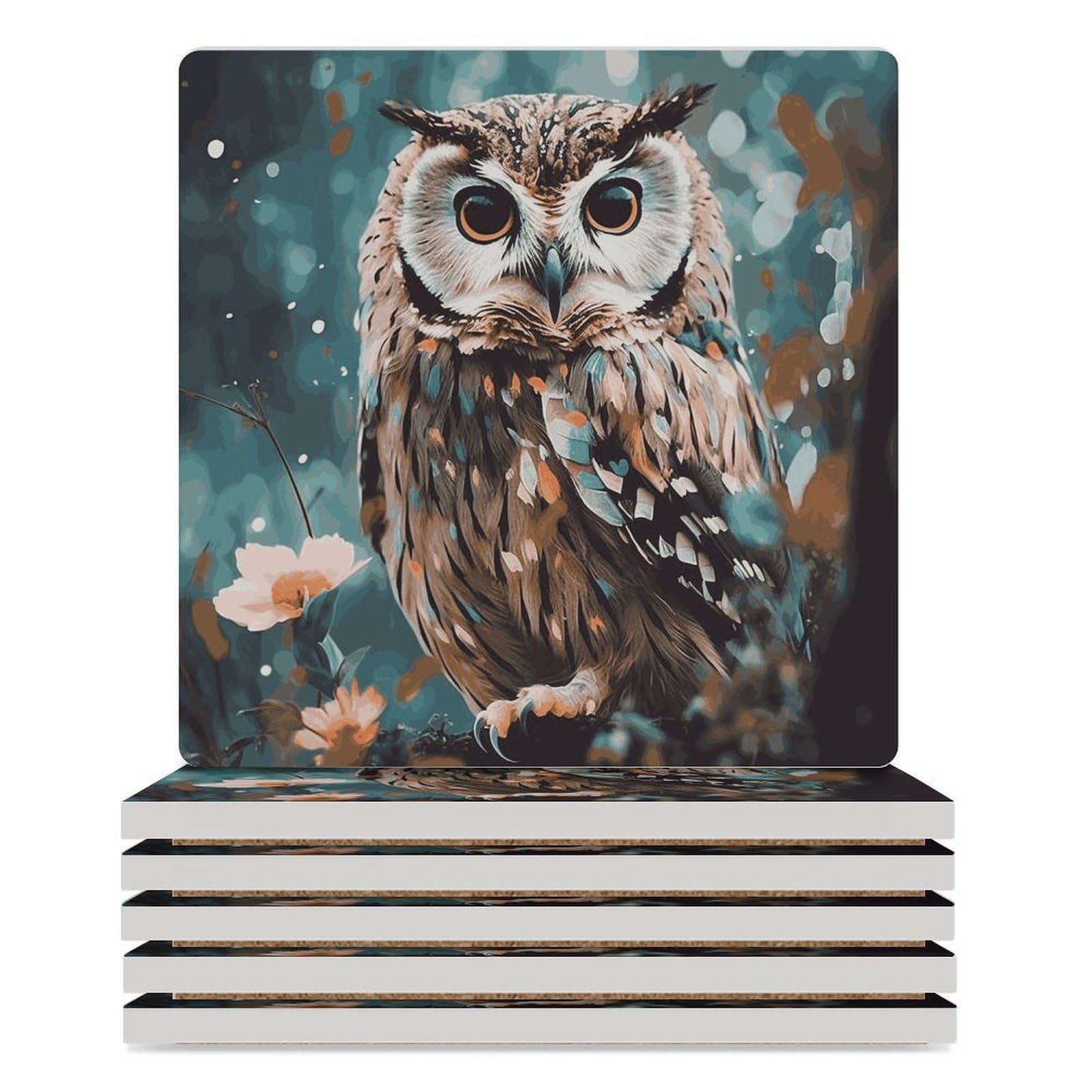 Dessous de verre en céramique hibou (lot de 6) carrés pour protection de table