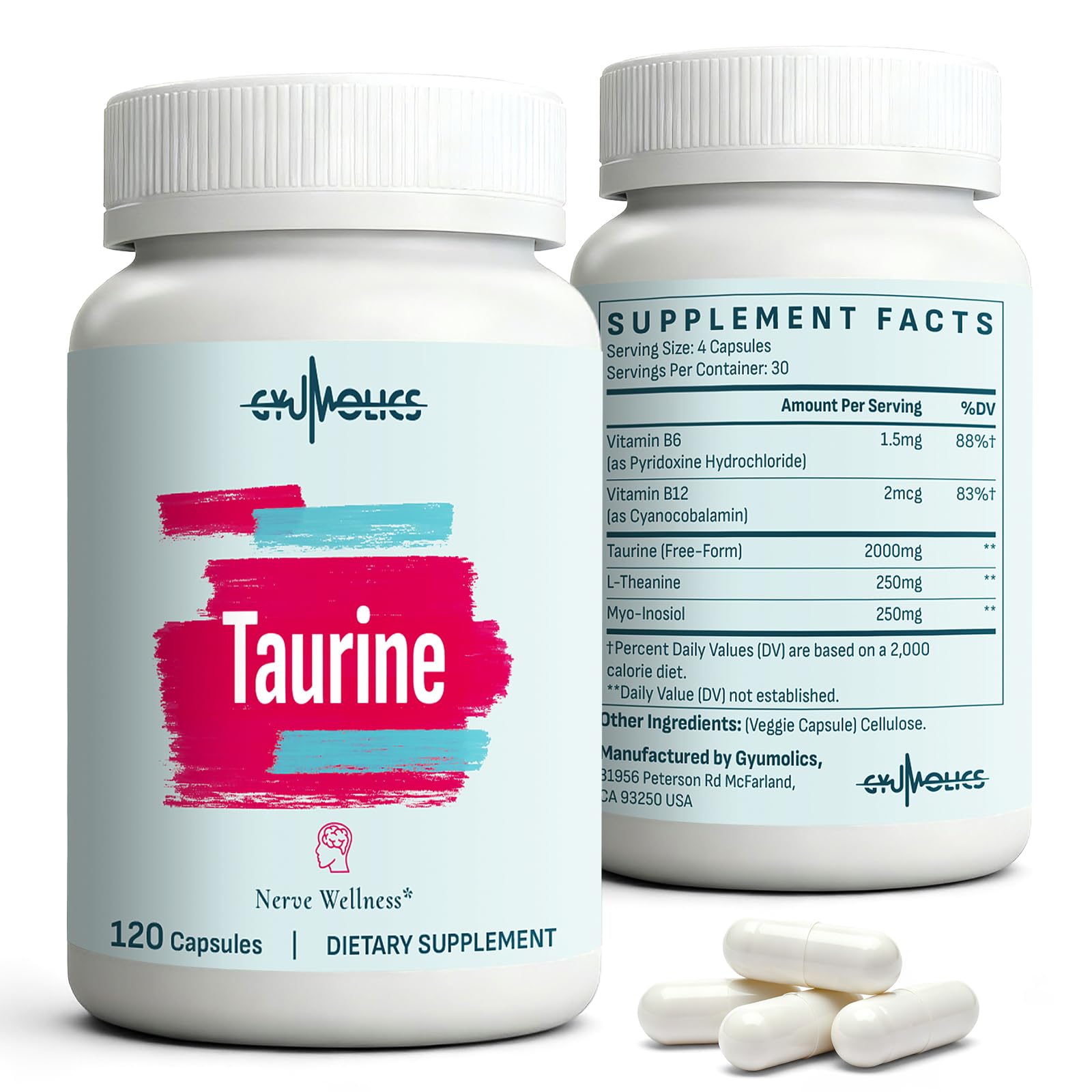 Gyumolics Taurine Supplement 2000mg - Amino Acid Supplement with L-Theanine, Inositol, B6 & B12 - Non-GMO, Gluten-Free, Vegetarian Capsules - 240