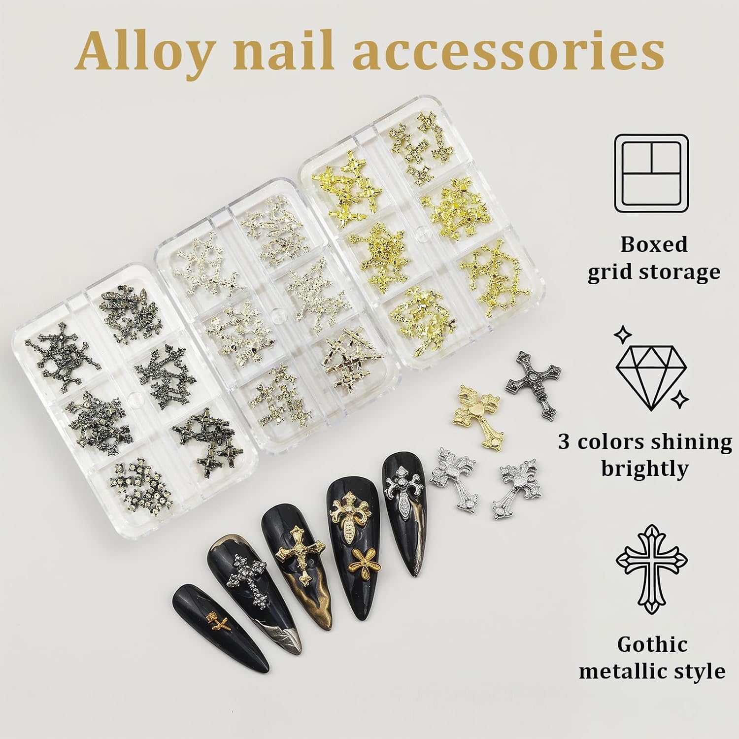 Cross Nail Charms90pcs 6Grids 3D Metal Crosses Nail Gems Decorations,Alloy Crystal Rhinestones Nail Art Charms for Women Girl DIY Jewelry Crafts Supplies (Gold+Silver+Black)