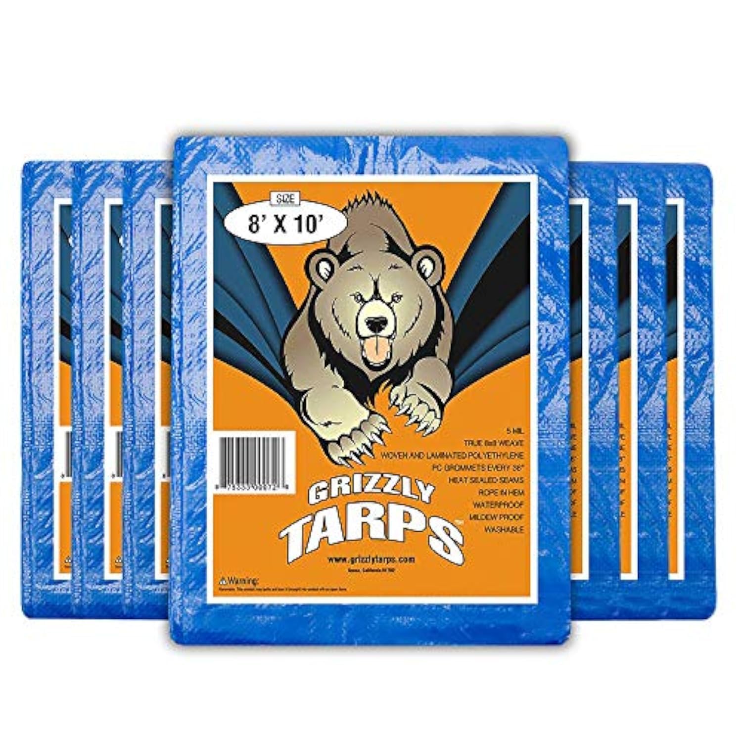 Grizzly Tarps by B-Air 8' x 10' Large Multi-Purpose Waterproof Heavy Duty Poly Tarp with Grommets Every 36", 8x8 Weave, 5 Mil Thick, For Home, Boats, Cars, Camping, Protective Cover, Pack of 4, Blue