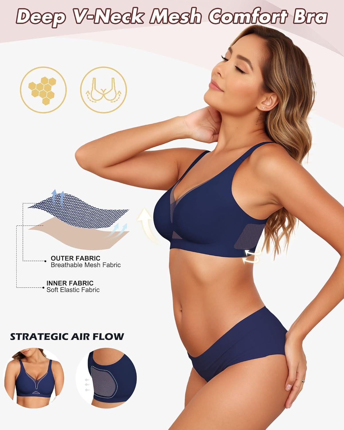 As Fairy Seamless Mesh Deep V Push-up Wireless Bra with Support and Lift Soft Bras for Women
