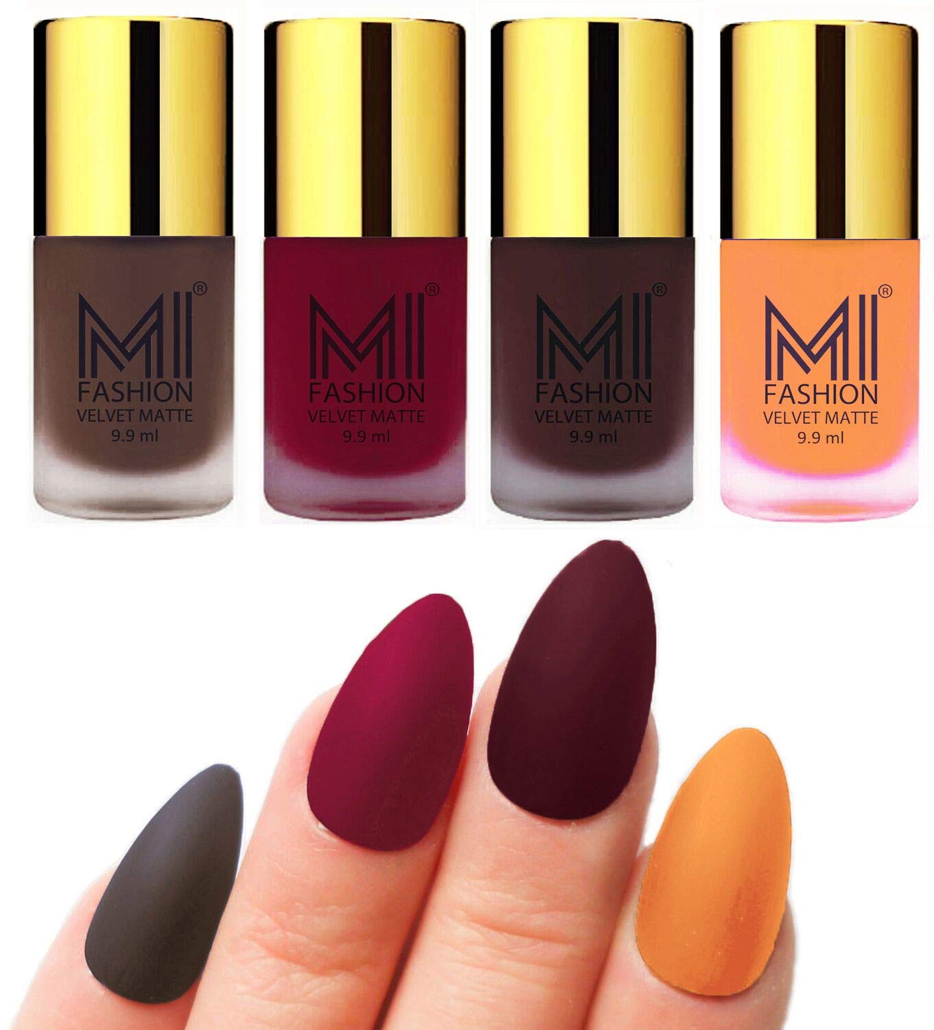 MI FASHION Velvet Matte Lacquer Nail Paint Sets Water Resistant 9.9ml Coffee, Mauve, Wine, Saffron Orange (Pack Of-4)-image-8
