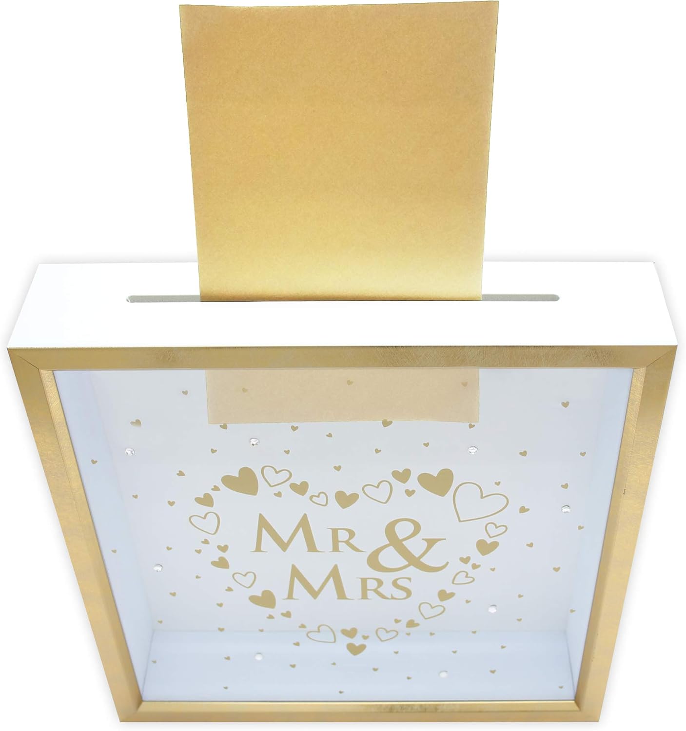 MIMOSA MOMENTS "Mr & Mrs Wedding Card Box, Gold & White Shadow Box with Hearts & Rhinestones, Decorative Card Holder for Wedding Reception & Bridal Shower
