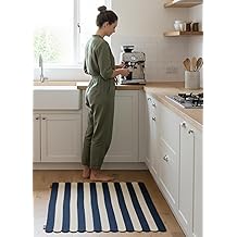 SERENOVA JUTE HAND-WOVEN RUG MODERN FITURISTIC LOOKING STRIP PATTERNED CARPET LIVING ROOM BEDROOM BATHROOM OFFICE CARAVAN BOAT DECORATIVE FLOOR COVER FOR HOTEL (DARK BLUE-BEIGE, 85 X 110 CM)