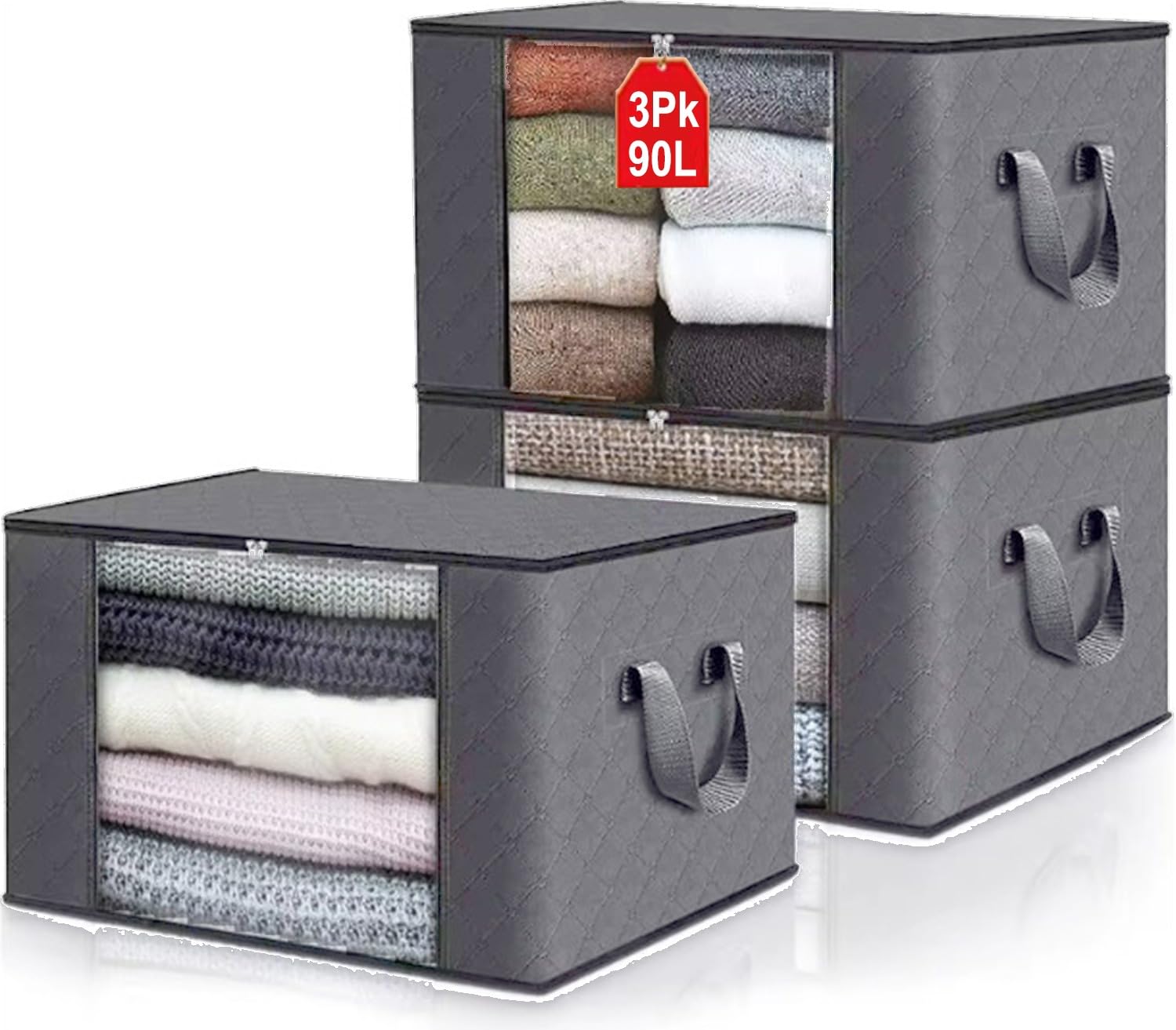 Casabella 90L Storage Bags - 3 Pack Clothes Storage Bags with Lids, Foldable Wardrobe Storage, Large Capacity Storage Bags Moving Bags, Reinforced Handles & Clear Window for Bedding, Blankets, Grey