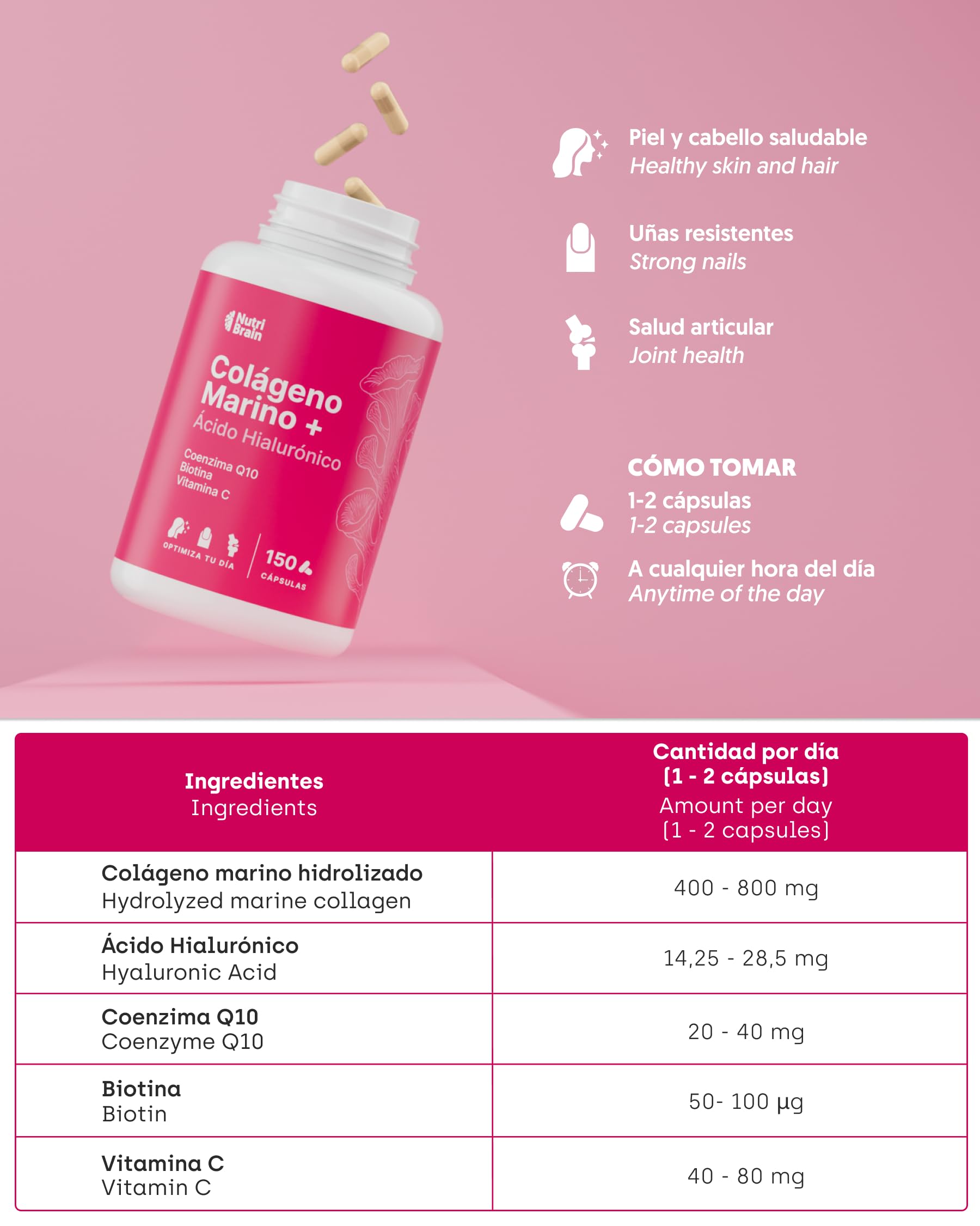 Colágeno Marino Hidrolizado Puro con Ácido Hialurónico, Vitamina C, Coenzima Q10 y Biotina - 150 Cápsulas, 5 Meses - Alta Biodisponibilidad - Péptidos Tipo I - Articulaciones, Piel, Pelo y Uñas