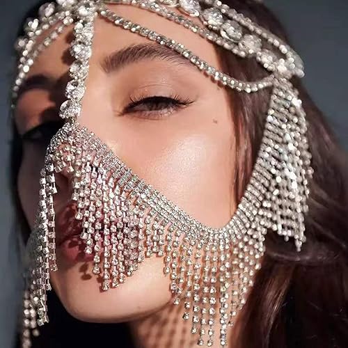 Miniatura 6 de hunikmtgsiol Cadena de cristal brillante con borlas y diamantes de imitación para danza del vientre, mascarada, cadena de máscara brillante de lujo,