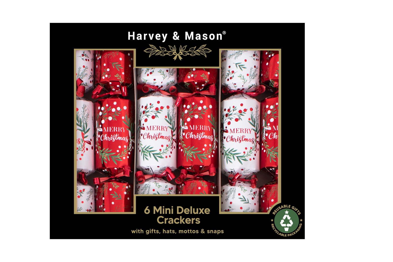 Rsw Red Harvey & Mason 6 Mini 8.5" Crackers Floral Wreath – Elegant Christmas Table Crackers With Hotstamp Finish & Curling Ribbon – Includes Hats, Mottos & Mini Gifts