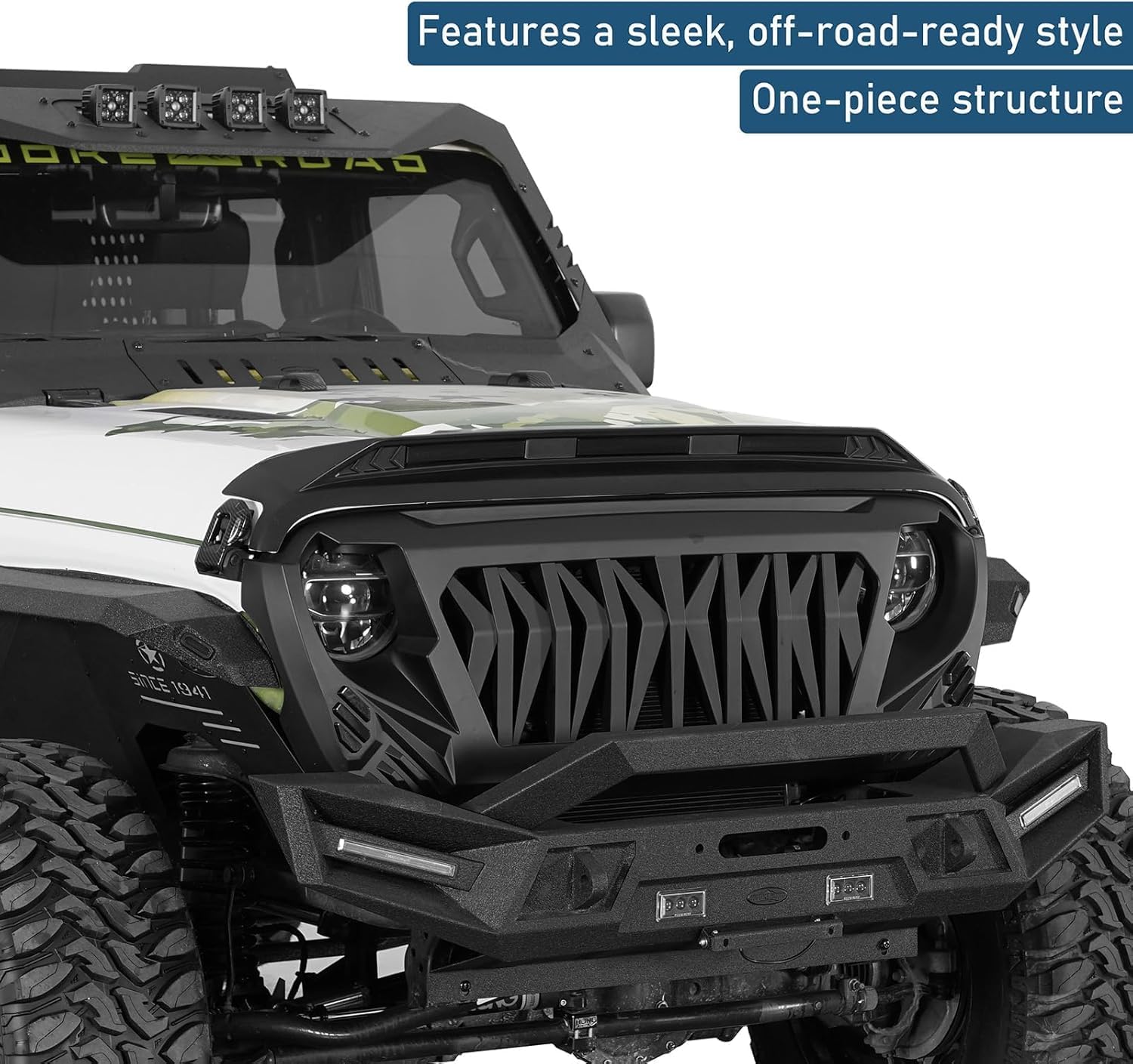 Hooke Road Hood Protector Bug Deflector Shield Stone Guard with Amber Lights for 2018-2024 Jeep Wrangler JL & 2020-2024 Gladiator JT (Base Hood Only)