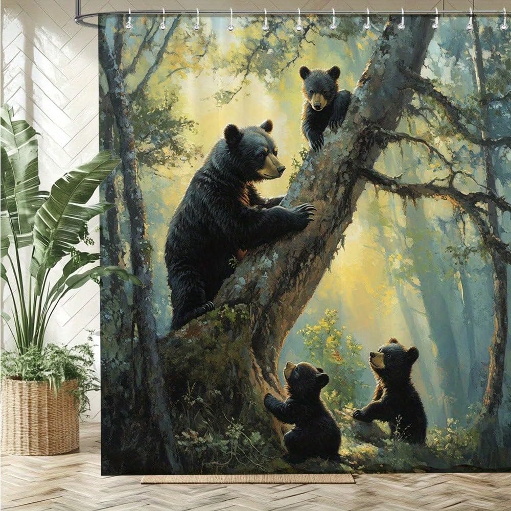 GLKSDLPO Black Bear Family Shower Curtain, Forest Sunshine Moss Woods, Wildlife Nature Scenery Bathroom Curtain Home Decoration(183x183cm/72x72in(WxH)