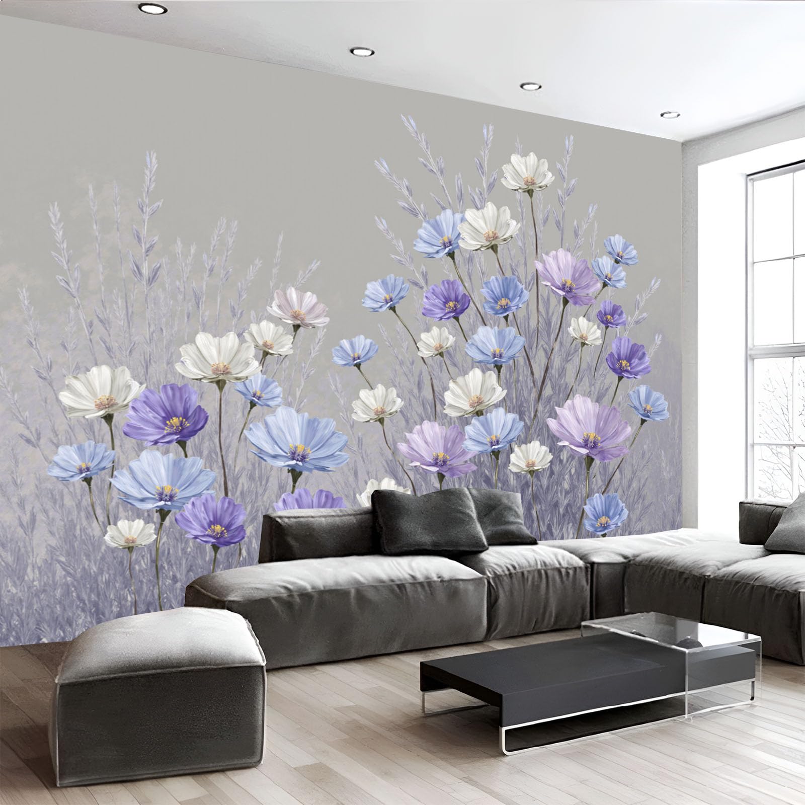 Papier peint panoramique violet clair fleurs sauvages aquarelle poster mural salon chambre 350x256