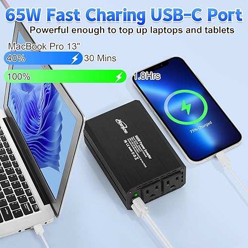 Miniatura 3 de Inversor de corriente para automóvil de 300 W con PD 65W, DC 12V a 110V AC Adaptador de enchufe para automóvil con puertos de carga USB QC 3.0 de 18