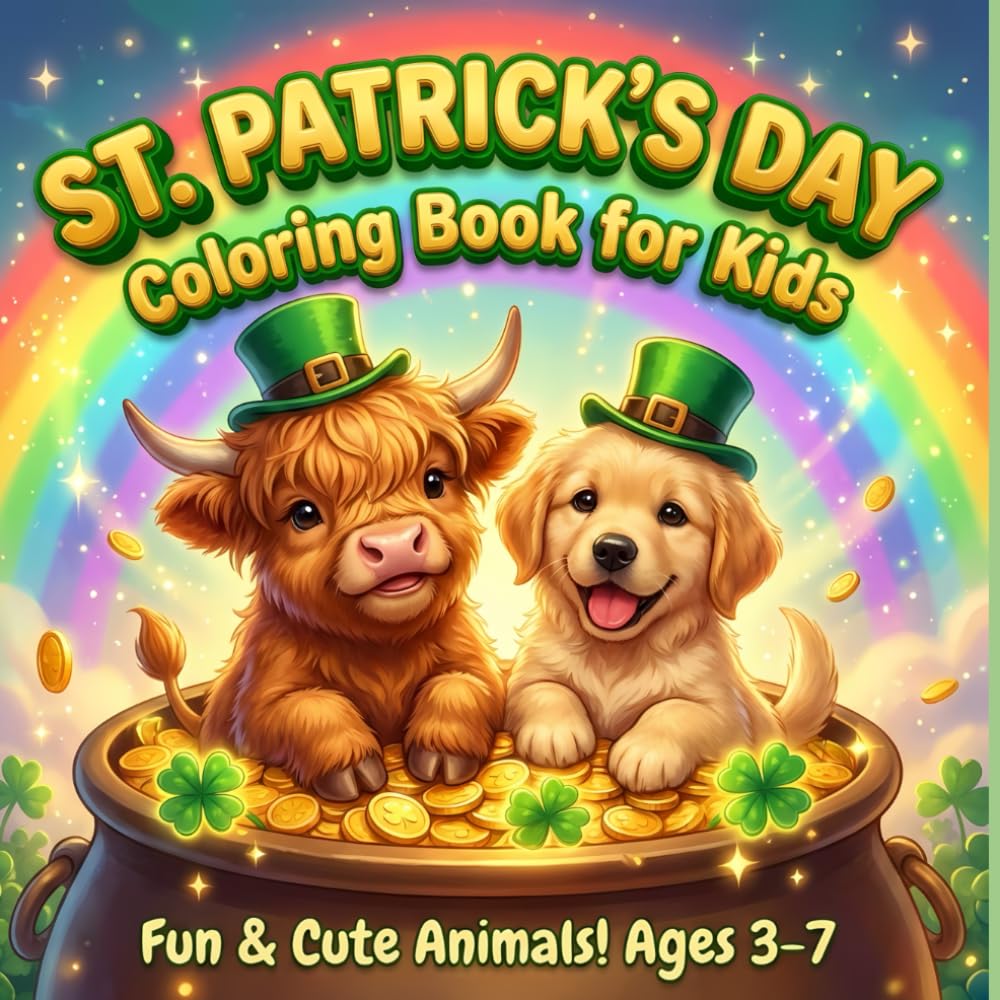 St. Patrick’s Day Coloring Book with Cute Animals for Kids Ages 3–7: Adorable Lucky Animals with Shamrocks, Rainbows and Fun Holiday Coloring Pages (Little Lucky Clovers Collection)