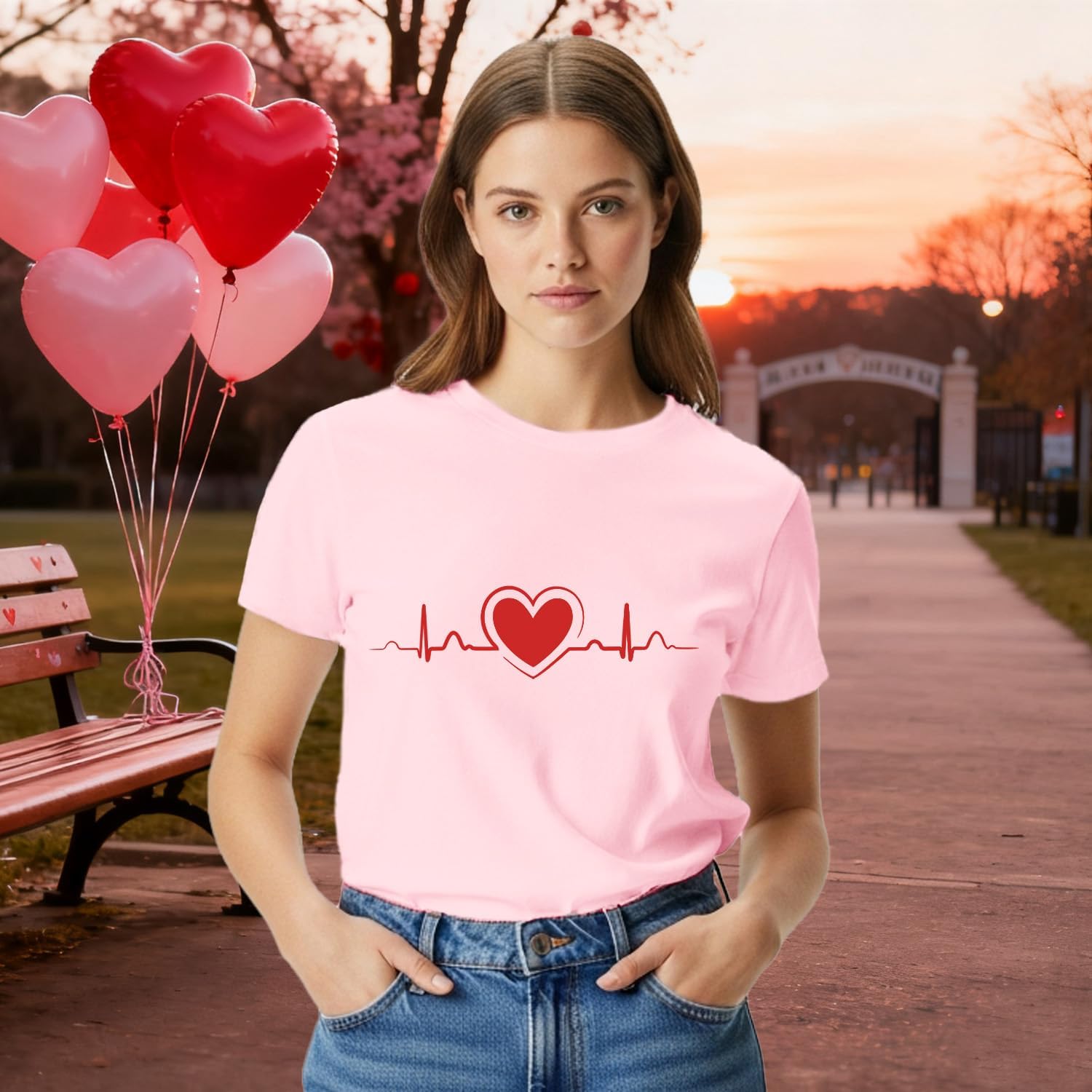 Valentines Shirts for Women Valentines Day T-Shirt Heartbeat Pattern Tee Tops - Image 2