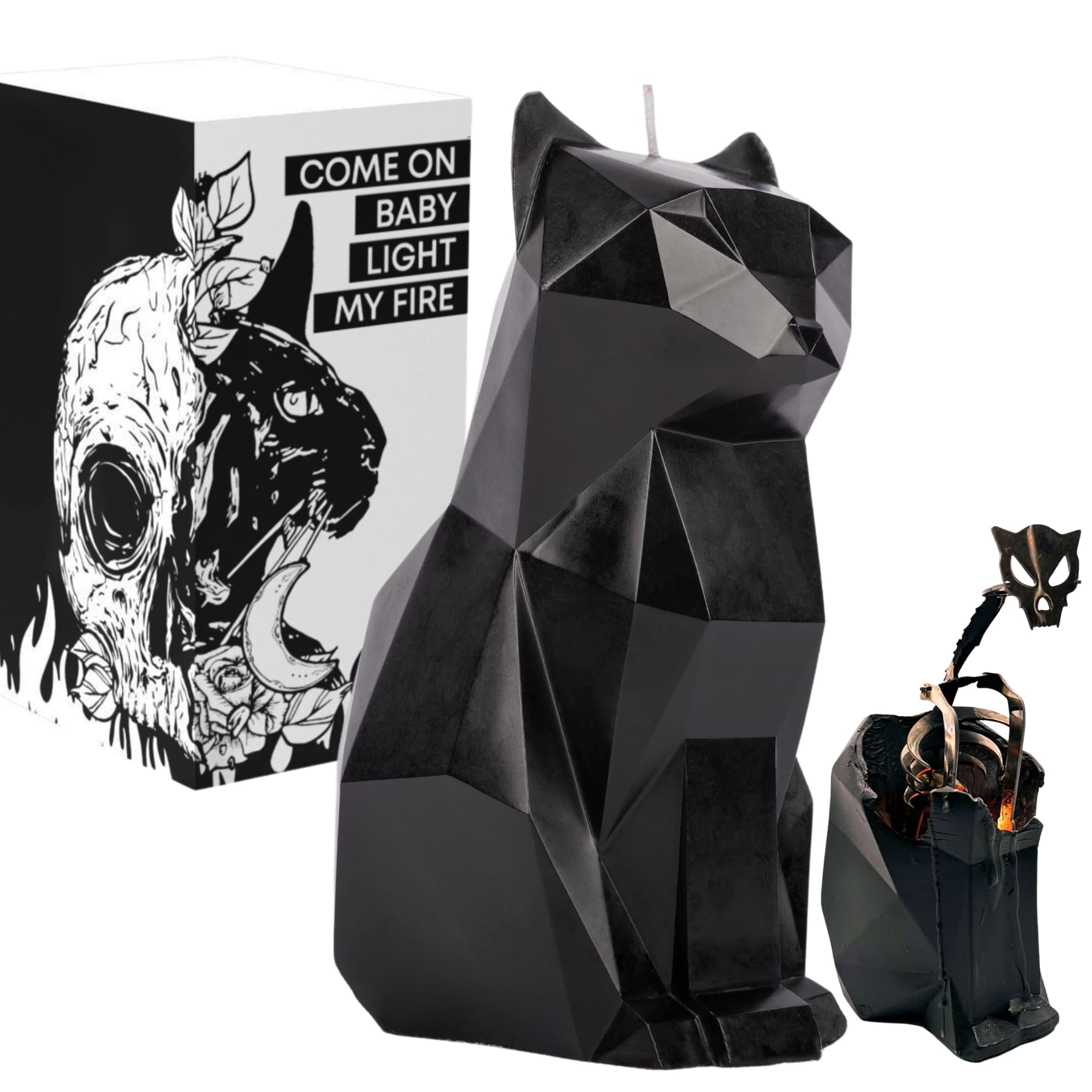 LIDY Gothic Cat Candle - Black Candles with Skeleton Inside for Goth Decor - Unique Black Room Decorations - Birthday Gifts for Cat Lovers (7in, 24hr Burn, Special Box)