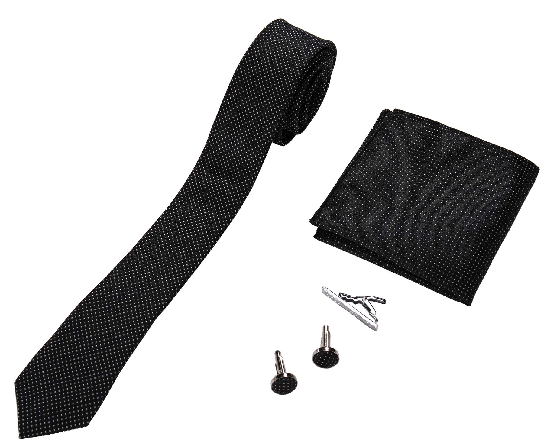 Mens Skinny Tie, Cufflinks, Pocket Square and Tie Clip Set
