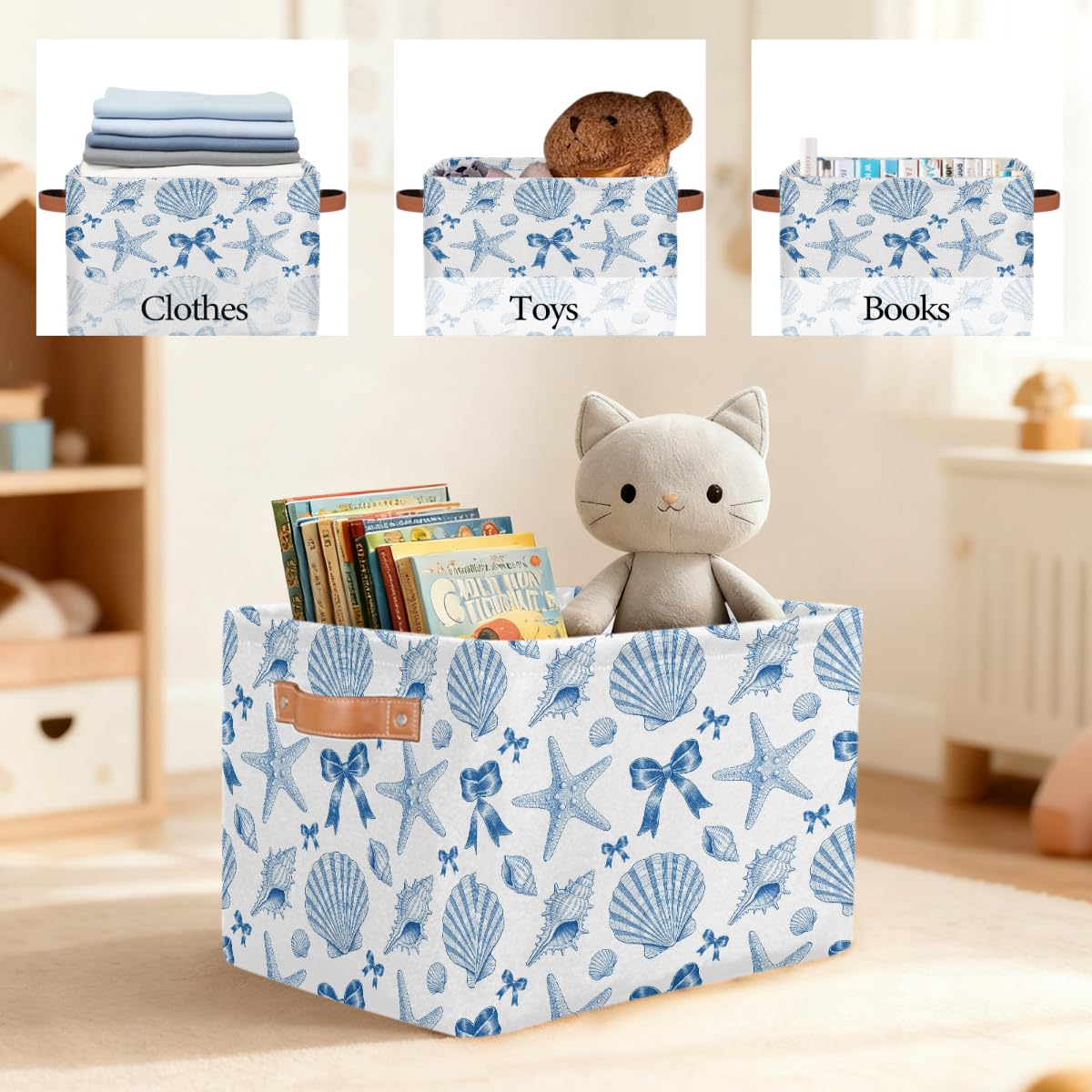 Line Art Rechteckiger Aufbewahrungskorb mit Ledergriffen, 2 Stück, faltbarer Stoff-Aufbewahrungskorb für Schrank, Badezimmer, Wohnzimmer, Büro, Spielzeug, Organizer, Wäschekorb