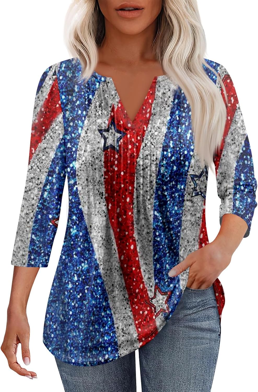 Women's 4Th of July Shirt, 3/4 Sleeve V Neck Patriotic T-Shirts, American Flag Print Tops, S-2XL