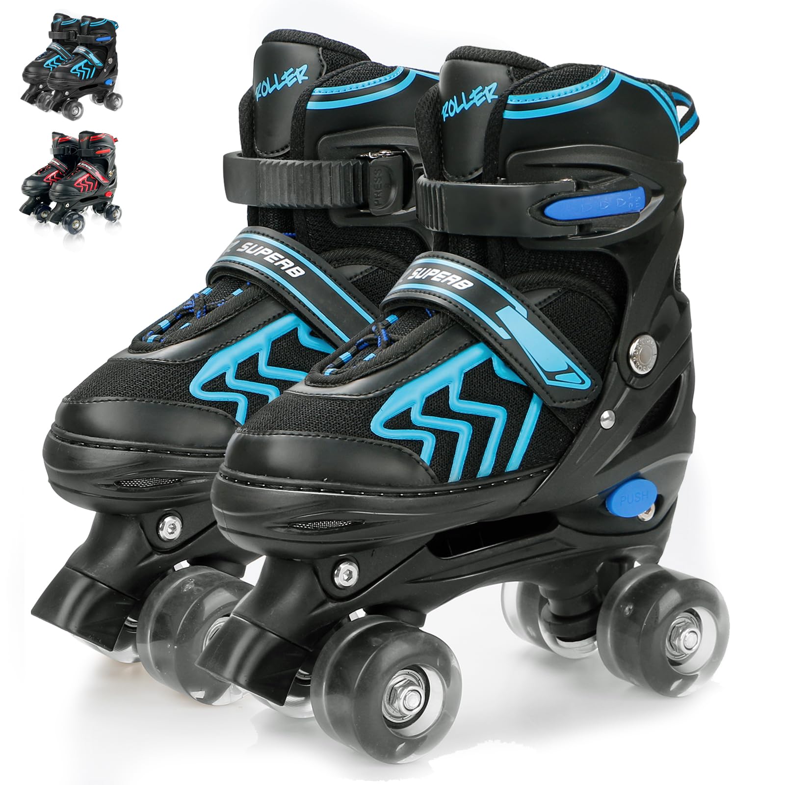 HXWY Kids Roller Skates for Boys Girls Child, Adjustable 4 Sizes Quad Roller Skates for Kids and Youth with Light Up Wheels for Sports (Red & Blue)