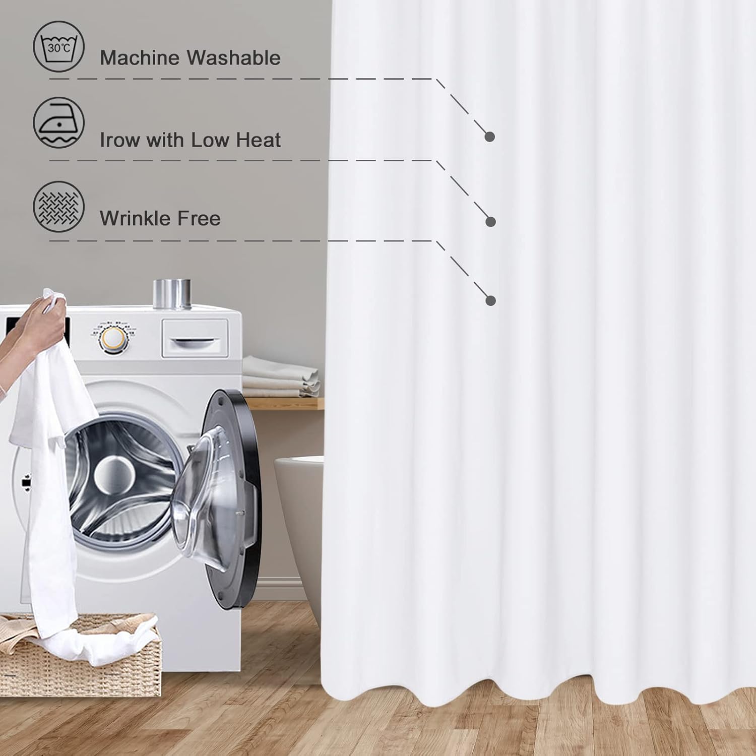 EurCross Extra Wide Fabric Shower Curtain Liner 96W x 72L, Waterproof Medium Weight White Cloth Shower Curtain for Bathroom, Weighted Bottom Machine Washable
