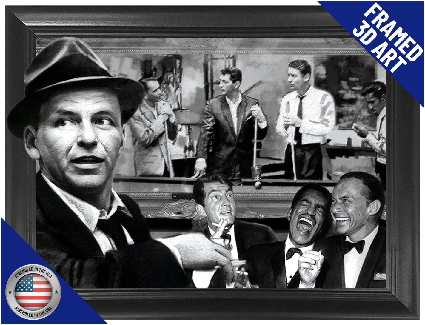 The Rat Pack Shooting Pool 3D Poster Wall Art Decor Framed Print | 14.5x18.5 | Lenticular Posters & Pictures | Memorabilia Gifts for Guys & Girls Bedroom | Frank Sinatra, Dean Martin & Sammy Davis Jr