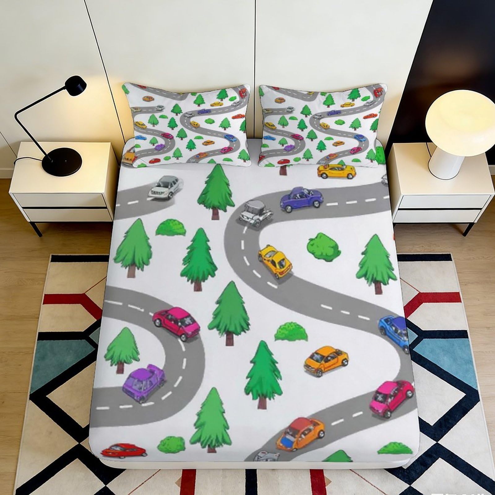 Pnayamiorkfel Style-7 3D Printed Cartoon Road Fitted Sheet Microfiber Soft Colorful Car Trees Mattress Cover For Bedroom Guest Room Decor 90X200x25cm