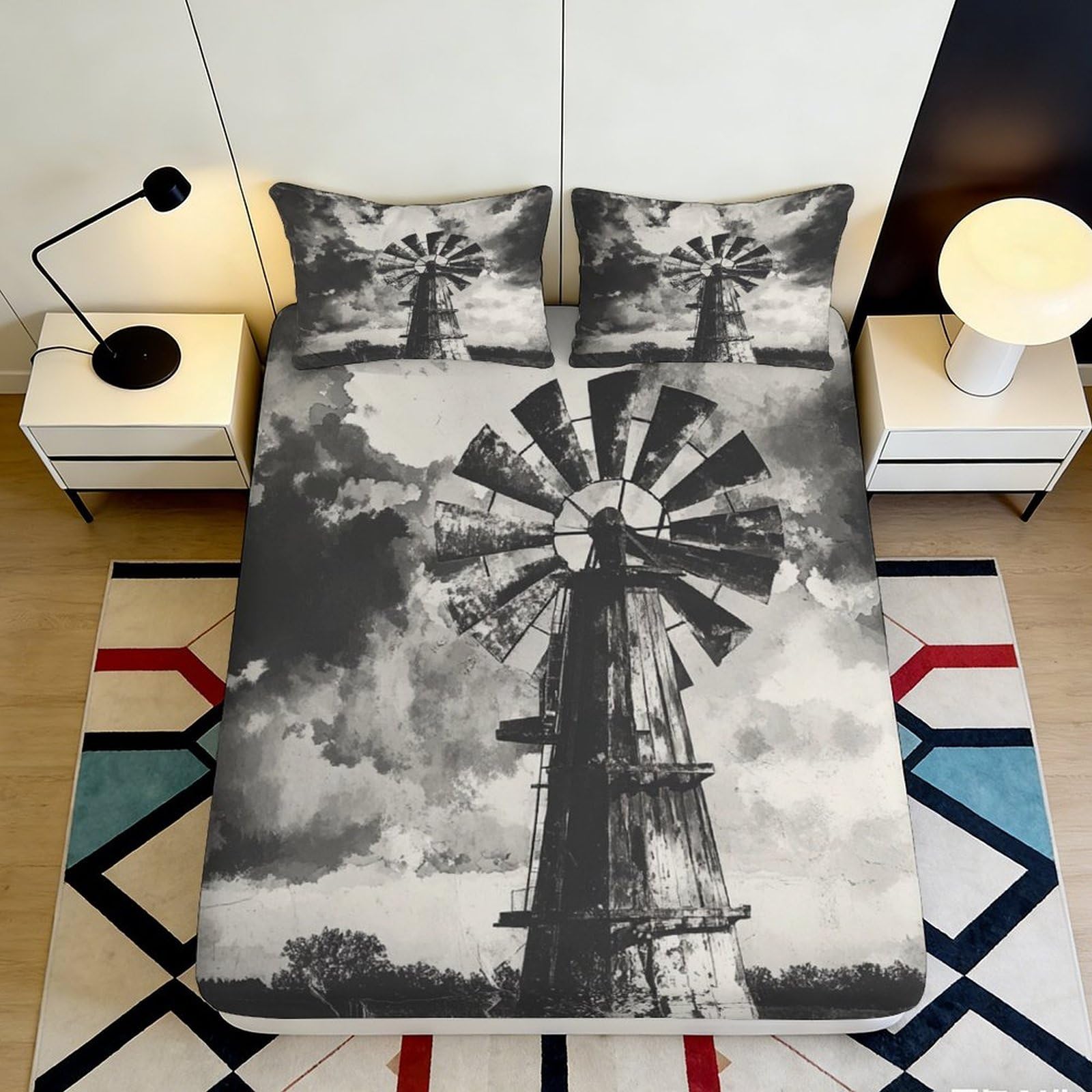 3D Printed Vintage Windmill Fitted Sheet Microfiber Soft Breathable Cloudy Sky Bed Cover for Bedroom Dormitory Guest Room Mattress Protection Decor 200x200x25cm