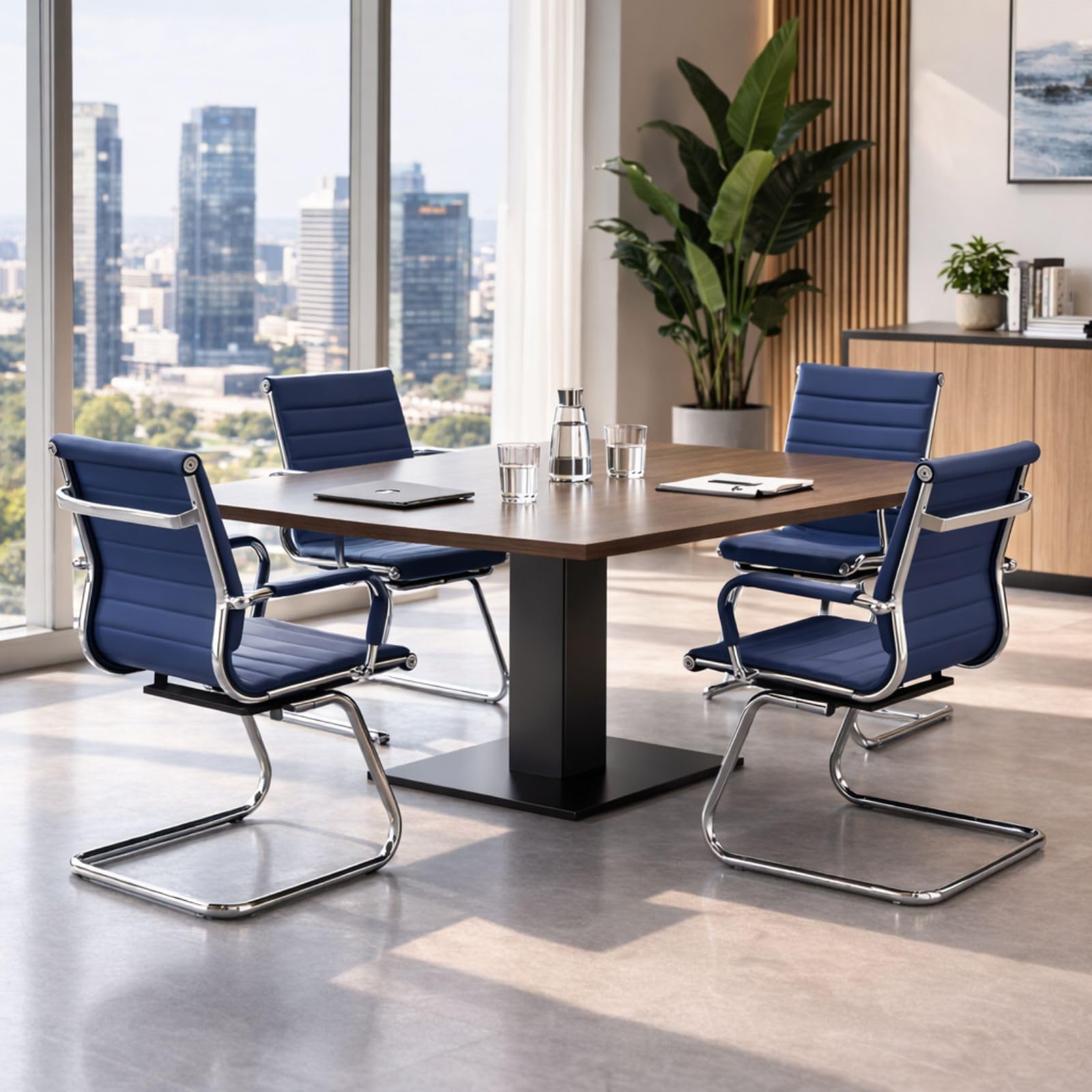 Conference Room Chairs Set of 4, Office Guest Chair with Armrests, Faux Leather Upholstery &amp; Metal Sled Base, Comfortable Meeting Room Chairs for Office/Reception/Conference, Navy Blue