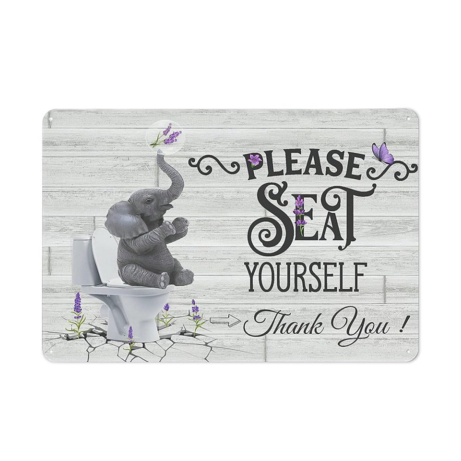 Kisoyo Tin-17 Rustic Metal Tin Sign Elephant Bathroom Wall Art Lavender Pictures For Wall Funny Elephant Sitting On Toilet Please Seat Yourself Bahtroom Decor Art Farmhouse Purple Artwork 8X12 Inch