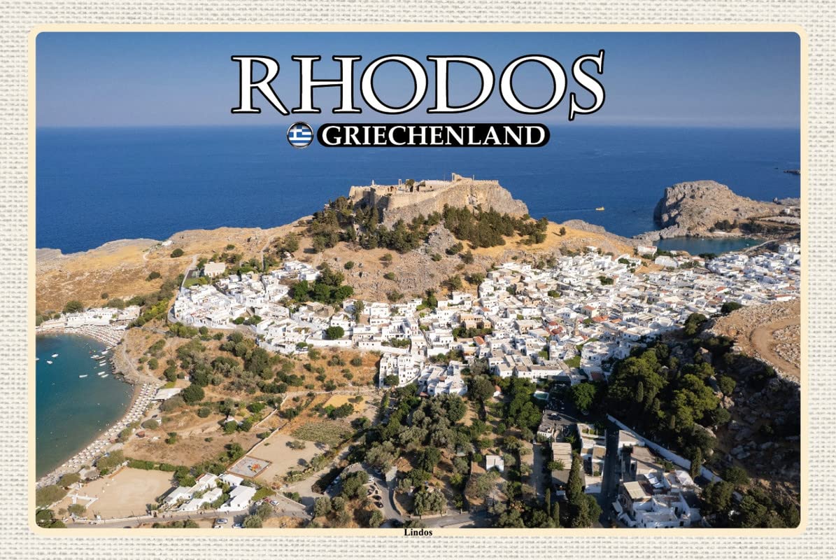 Mrdeco Metal Sign 20 X 30 Cm Curved Rhodes Greece Lindos City Sea Decorative Tin Sign Tin Sign