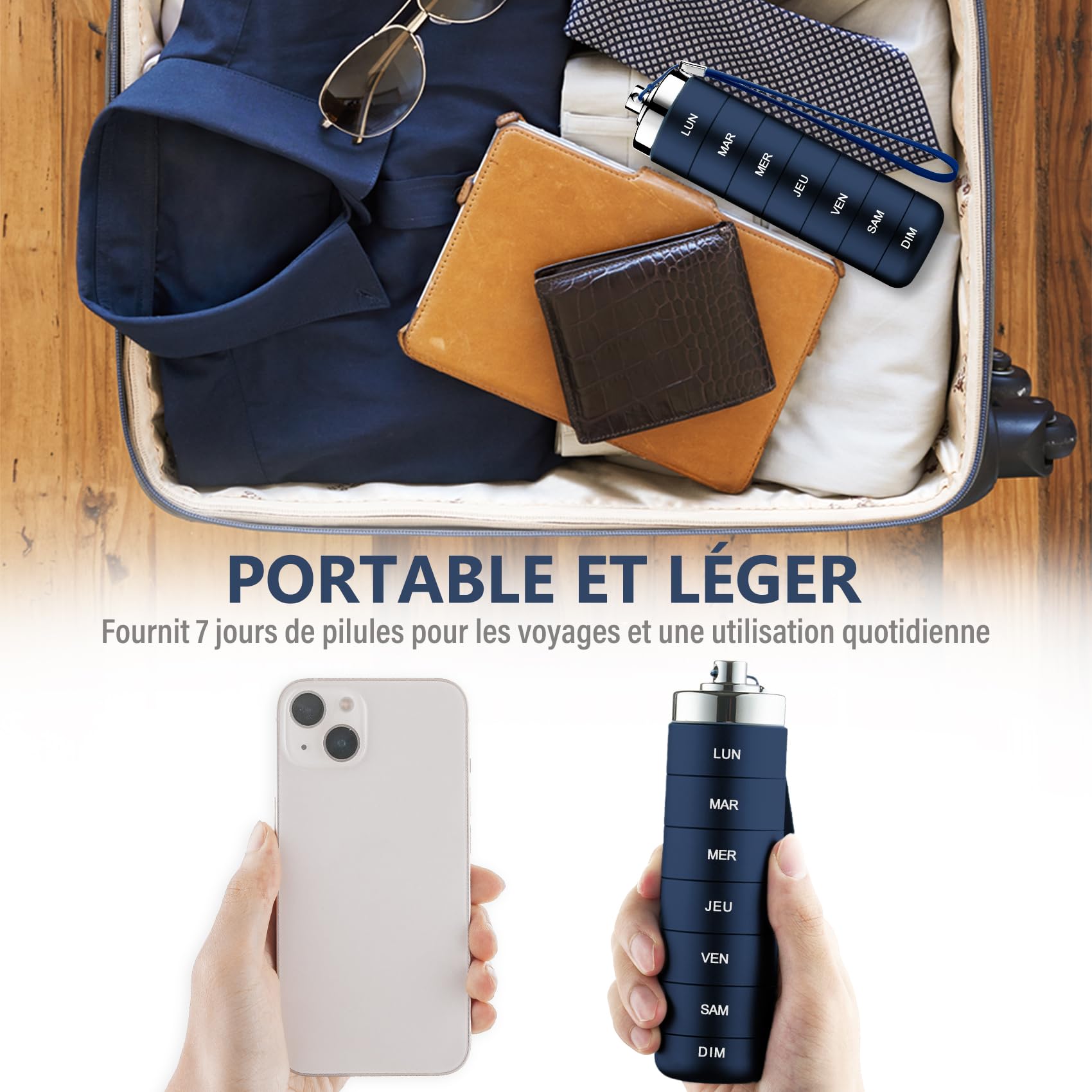 Pilulier Semainier 7 Jours Métal Voyage Pilulier Organisateur, Boîte à Pilules de Voyage étanche et Empilable pour Vitamines, Huile de Poisson, Suppléments