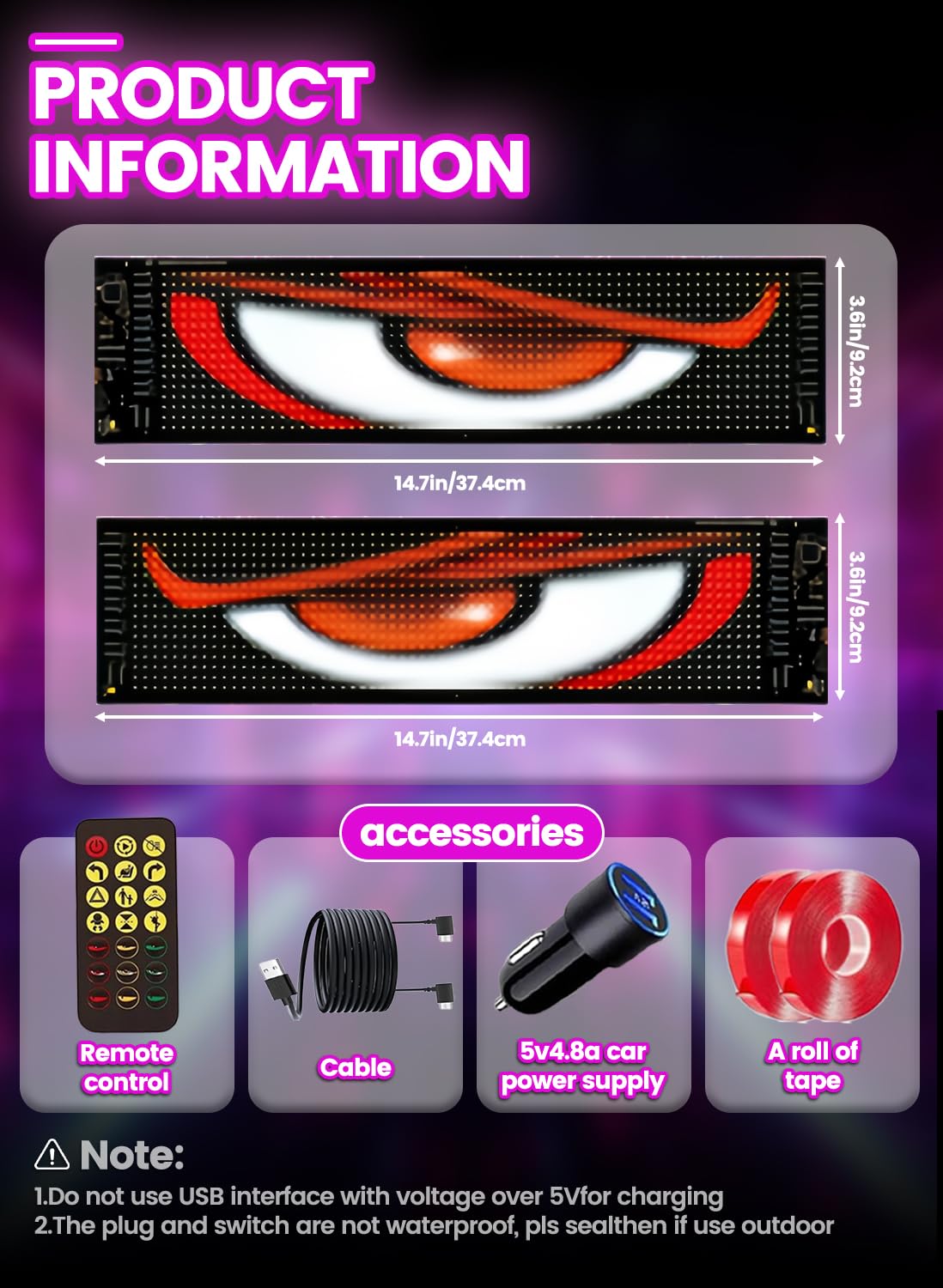 2 Pièces 9.2 * 37.4cm Yeux Led pour Camion et Voiture, Écrans LED | Pare-Brise de Voitures/Camions/Suv/Camping-Cars avec ContrôLe via Application, Texte Personnalisé, Animations et Graphiques