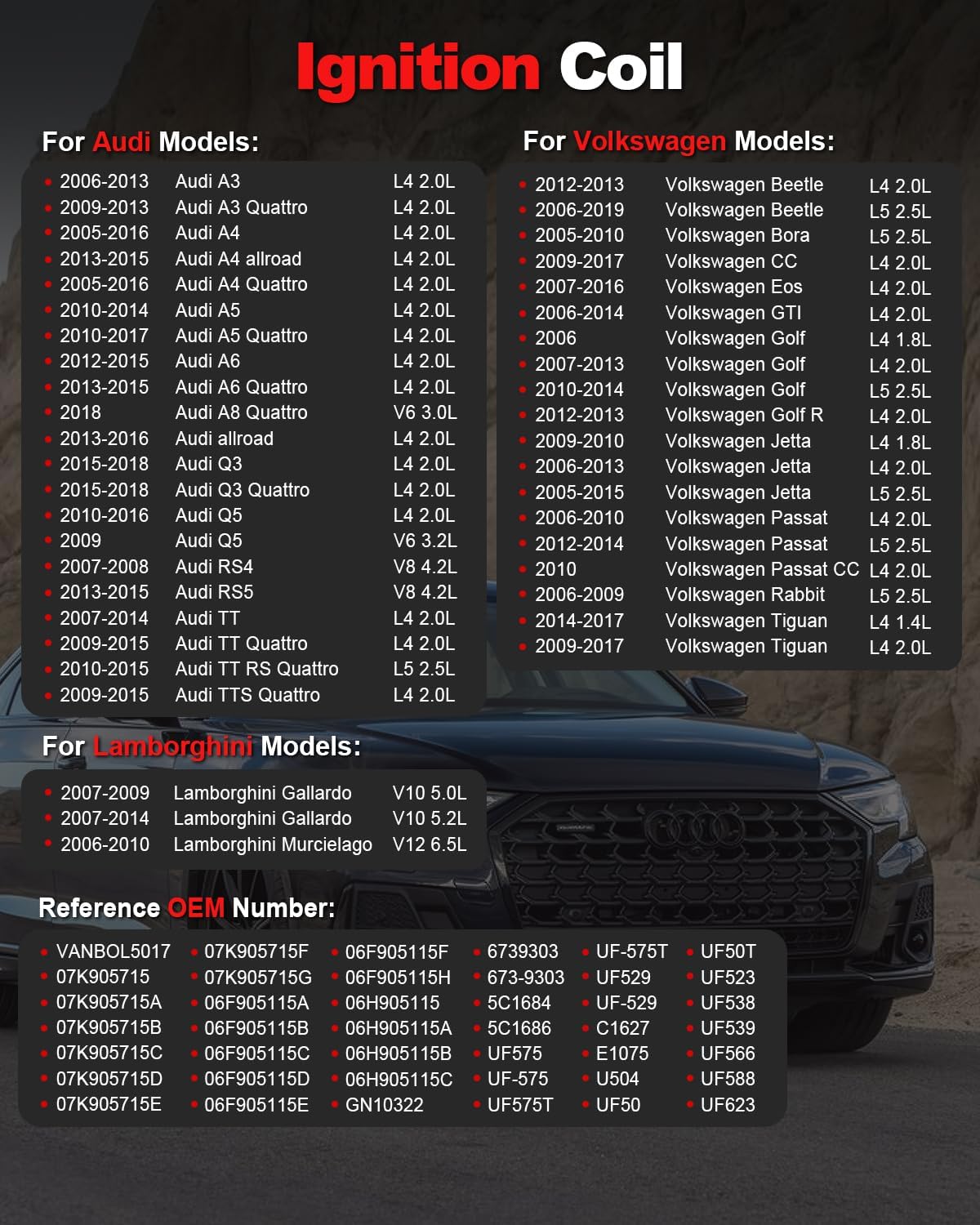 Set of 4 Ignition Coil Pack UF575 Compatible for Volkswagen VW Jetta Golf Beetle Passat for Tiguan Eos GTI Golf CC Rabbit Audi A3 A4 A5 A6 Q3 Q5 TT Quattro Gallardo L4 L5 2.0L 2.5L