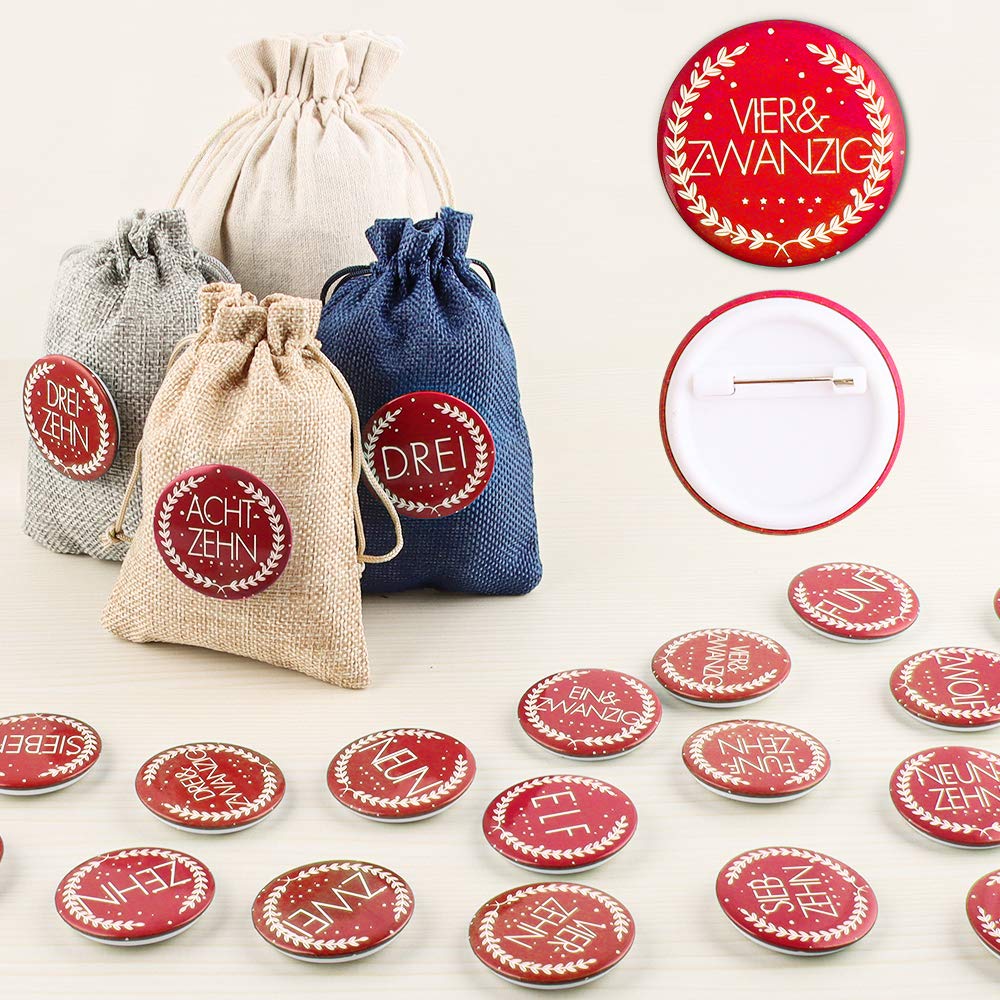 Calendario Adviento Saquitos, 24 Bolsas de Lino Calendario de Adviento, Bolsas de Dulces con 24 Insignias Digitales, Bolsas de Regalo de Bodas para Decorar el Calendario de Adviento en Casa (roja)