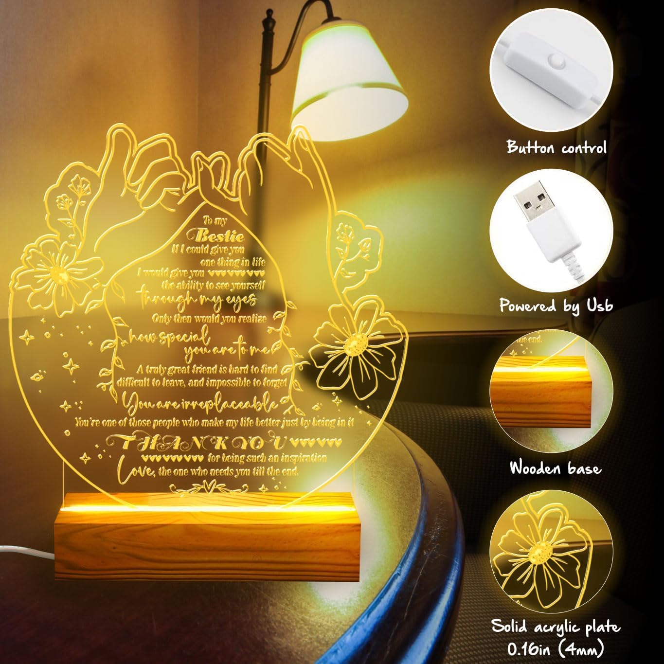 Bestie Gifts Heartfelt LED Night Light for Best Friend - Bestie Birthday Gifts - USB Powered Lamp with Pinky Promise Design and Touching Message - Wooden Base - Perfect Friendship Gift for Home Decor - Image 2