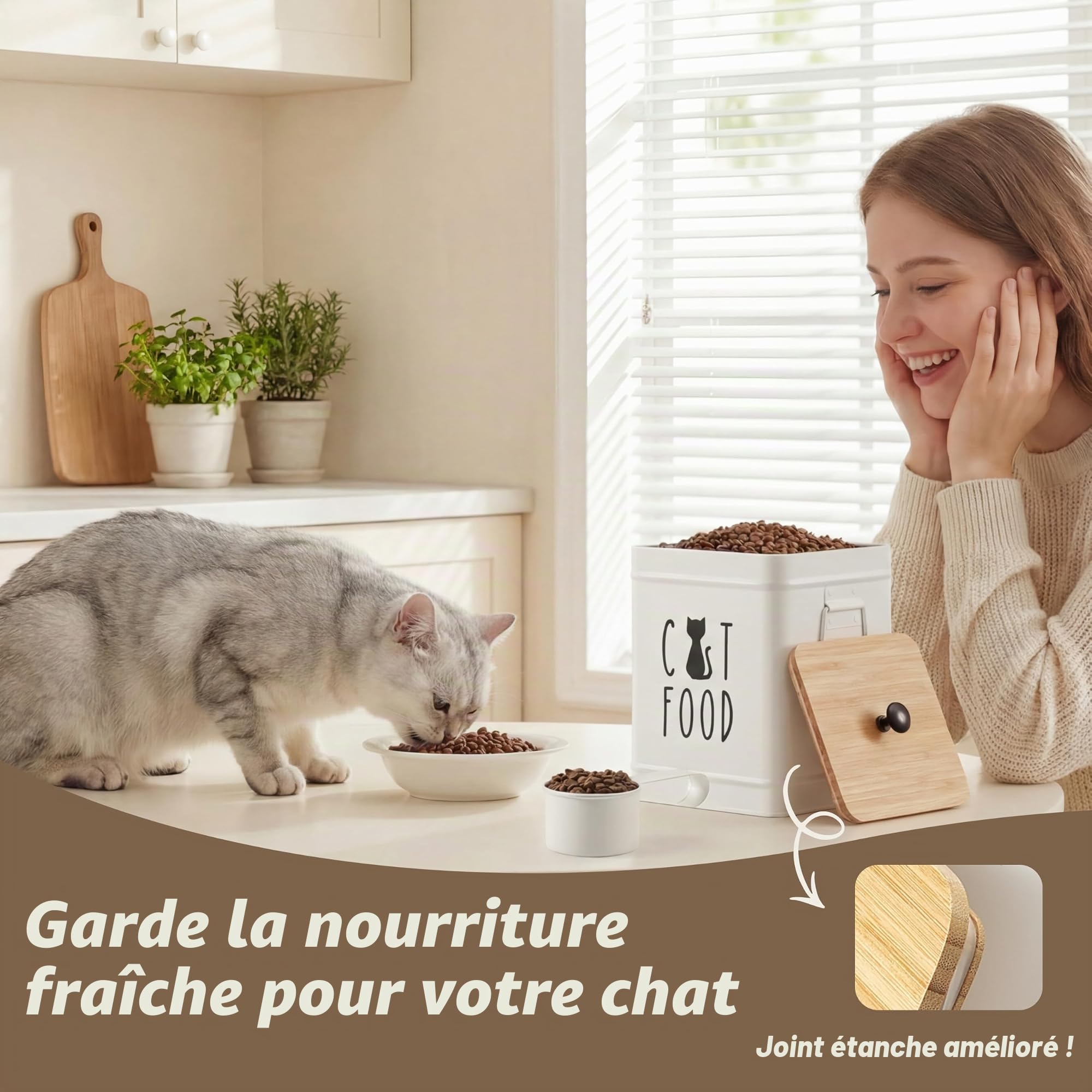 PERFNIQUE Récipient hermétique pour nourriture pour chat avec couvercle en bambou, 25 tasses, pour comptoir de cuisine, pots à friandises pour animaux domestiques, récipient alimentaire (blanc, avec