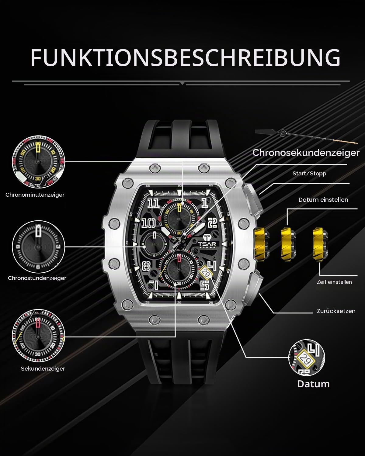 TSAR BOMBA Luxusuhr für Herren mit Quarzwerk, leuchtendem Zifferblatt, 5 ATM wasserdicht, Silikonarmband – Business-Herrenuhr als Festtagsgeschenk