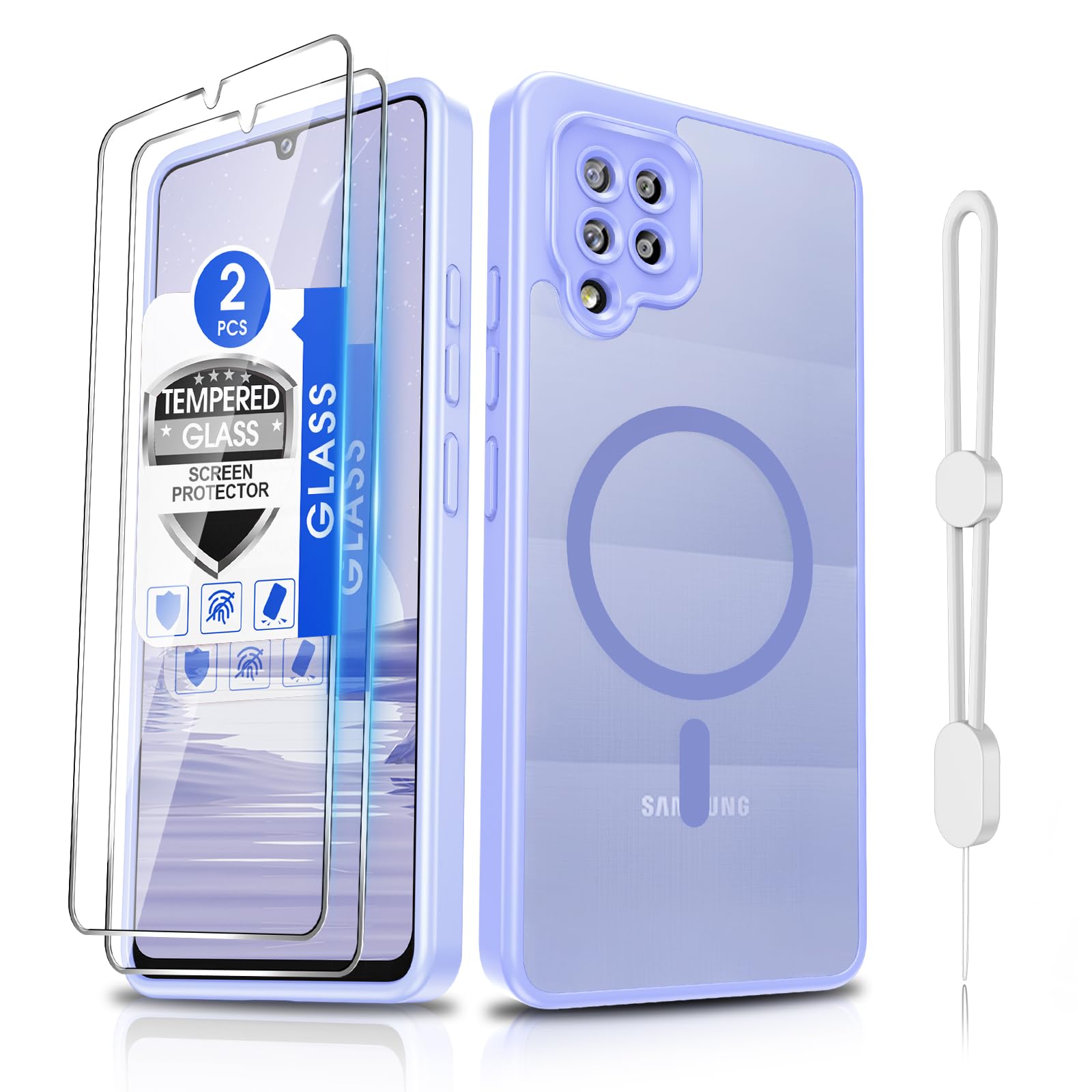 Dizn Magnetic for Samsung Galaxy A42 Case with Tempered Glass Screen Protector,Compatible with MagSafe, with Strap,Matte Translucent Cover &amp; Military Grade Anti-Scratch Protective,for A42,Light Purple