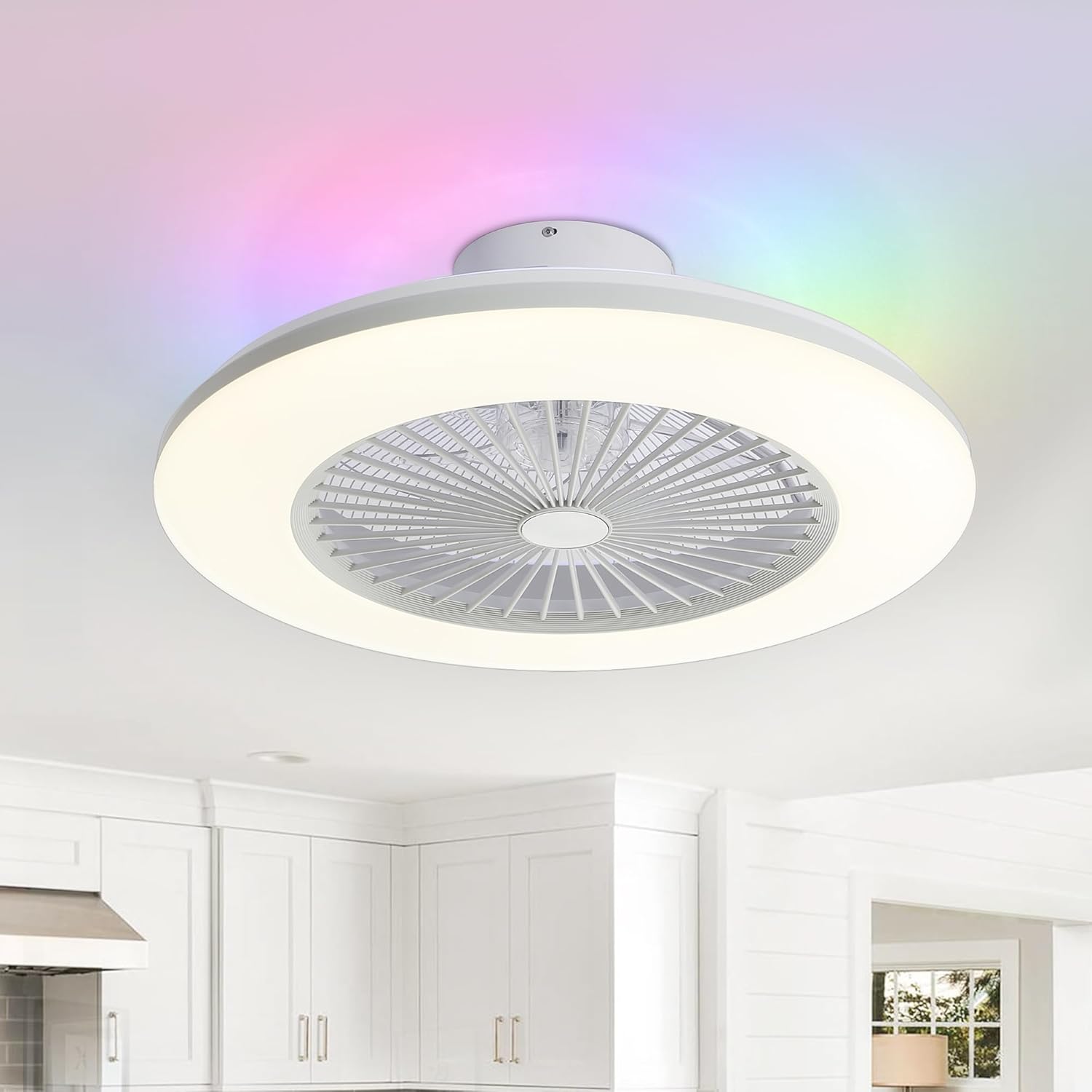 Bladeless Ceiling Fan with Light, 22 Inch Low Profile Ceiling Fan Smart RGB Ceiling Fans Fandelier Remote with Alexa/Google Assistant/APP Control, Modern Flush Mount Enclosed Chandelier
