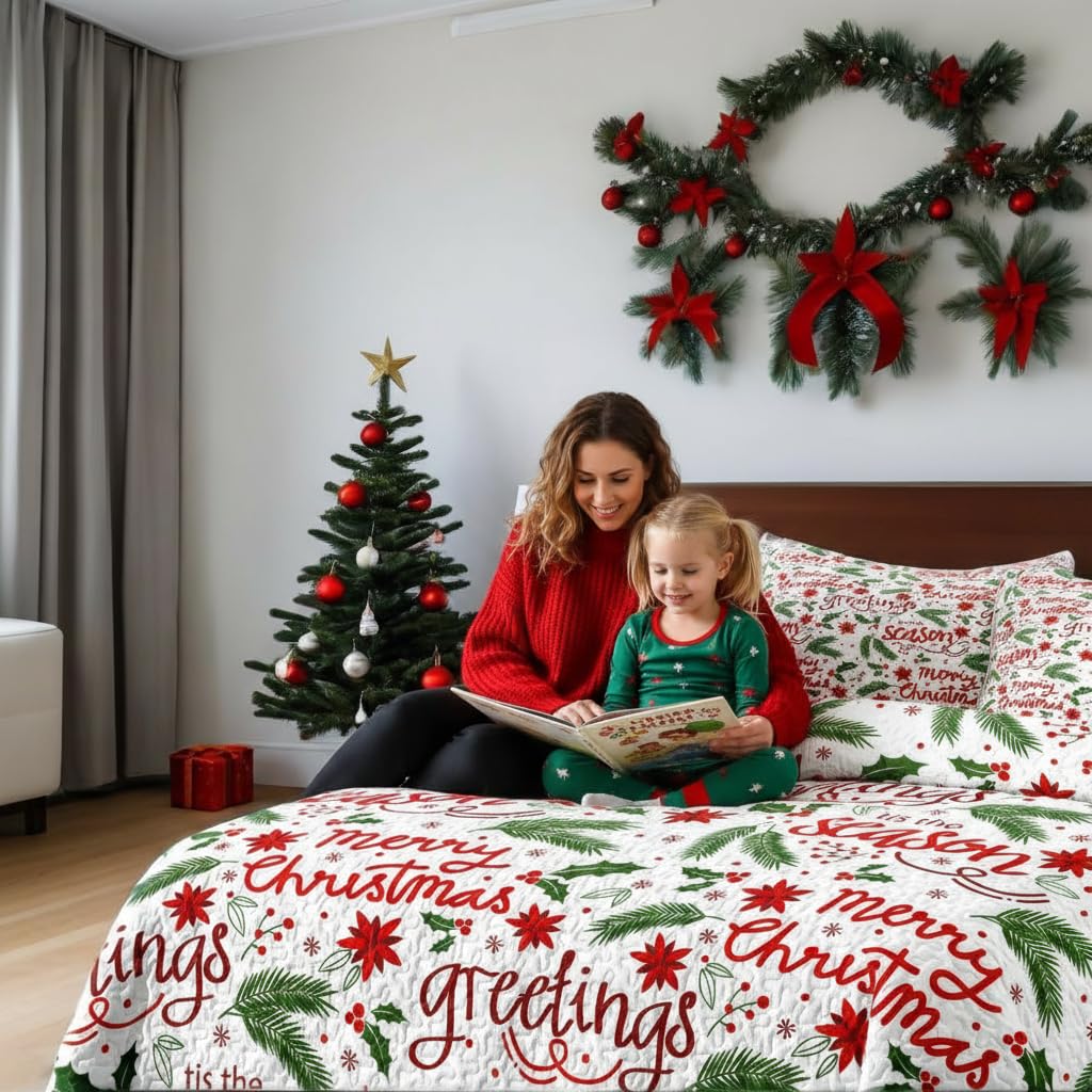 Leaves Berry Weihnachts-Steppdecken-Set für King-Size-Bett, 3-teilig, leichte Bettdecke mit Kissenbezügen für alle Jahreszeiten (Blätter, Kingsize-Bett (228,6 x 264,2 cm)